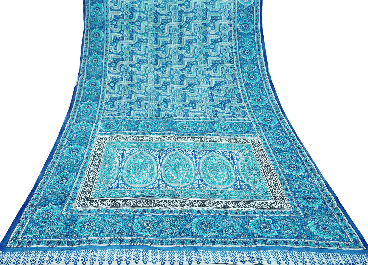 Indian Vintage Sari Blue & Gray 100% Pure Silk Printed Saree 5yd Sewing Craft Fabric Soft DressMaking Wrap Quilting Wrapping Crafting