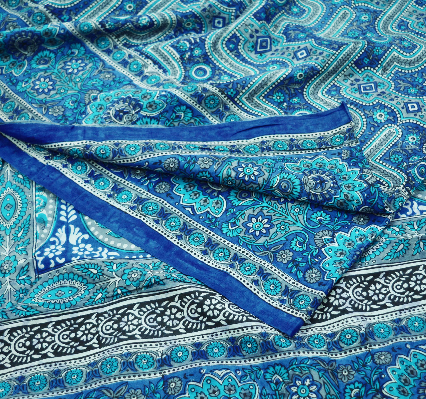 Indian Vintage Sari Blue & Gray 100% Pure Silk Printed Saree 5yd Sewing Craft Fabric Soft DressMaking Wrap Quilting Wrapping Crafting