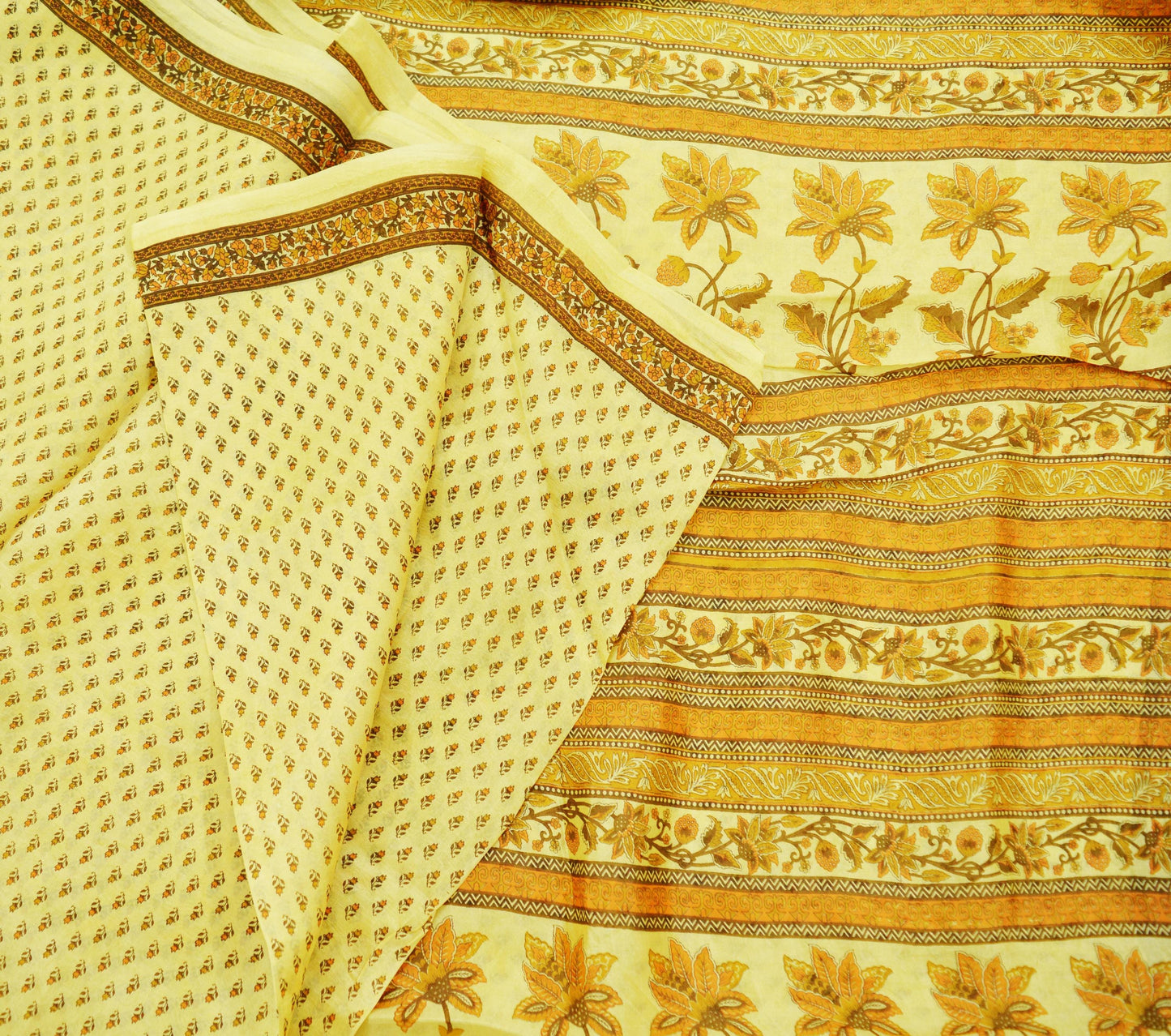 Indian Vintage Sari Beige 100% Pure Silk Printed Saree 5rd Sewing Craft Fabric DressMaking Soft Floral
