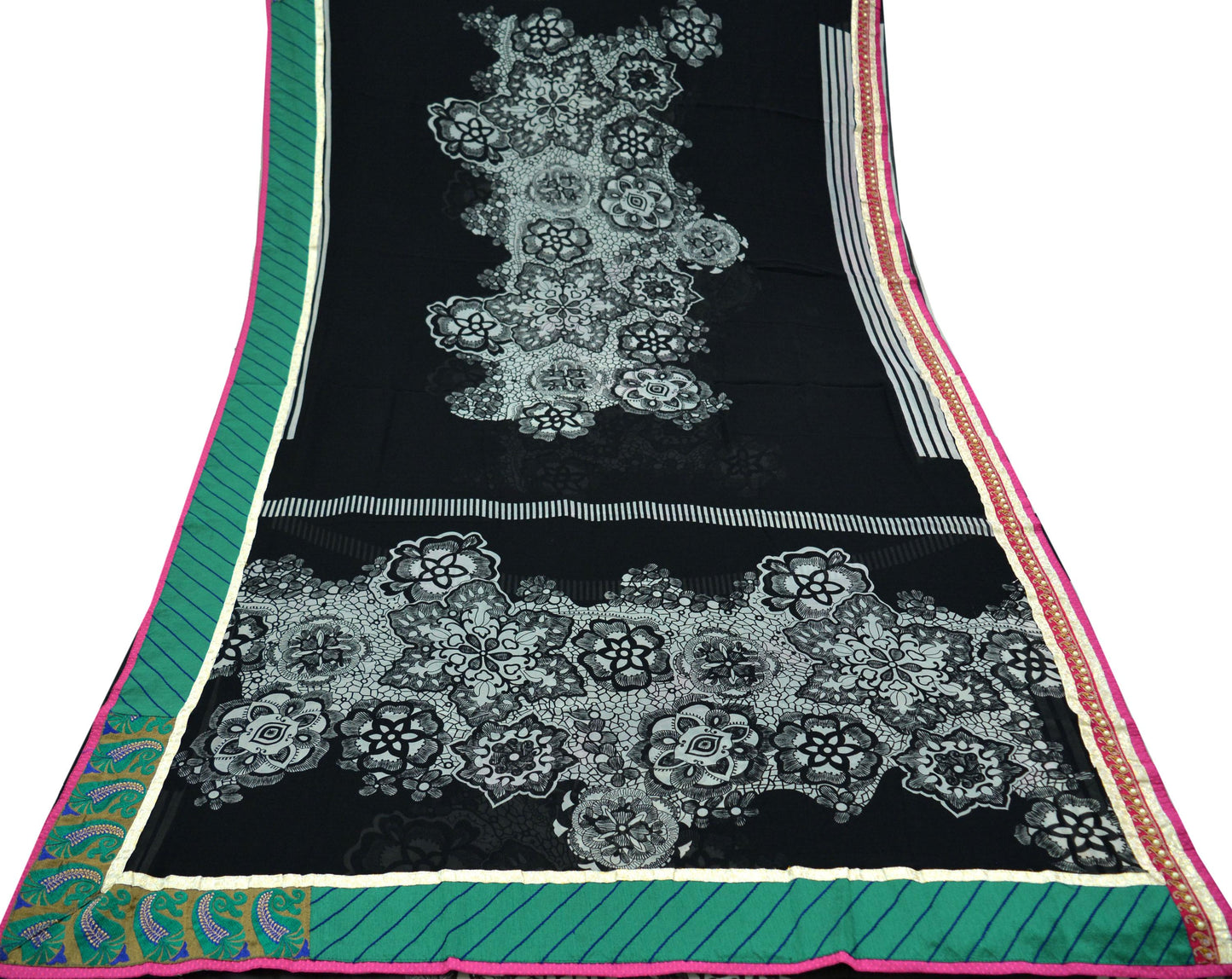 Indian Women Vintage Sari Black 100% Pure Georgette Silk Printed Saree Sewing 5yard Soft Craft Zardozi Border Quilting Dress Making Upcycle