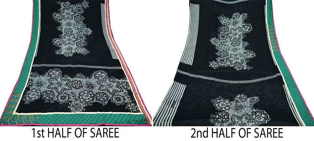 Indian Women Vintage Sari Black 100% Pure Georgette Silk Printed Saree Sewing 5yard Soft Craft Zardozi Border Quilting Dress Making Upcycle