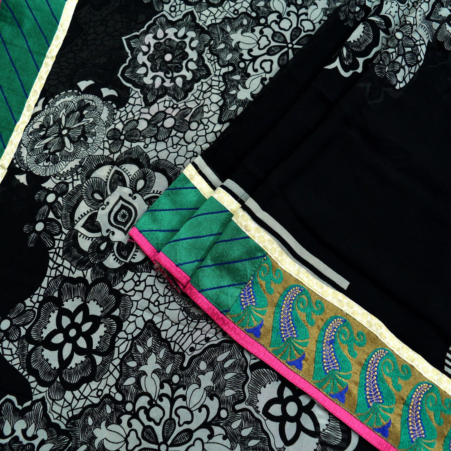 Indian Women Vintage Sari Black 100% Pure Georgette Silk Printed Saree Sewing 5yard Soft Craft Zardozi Border Quilting Dress Making Upcycle