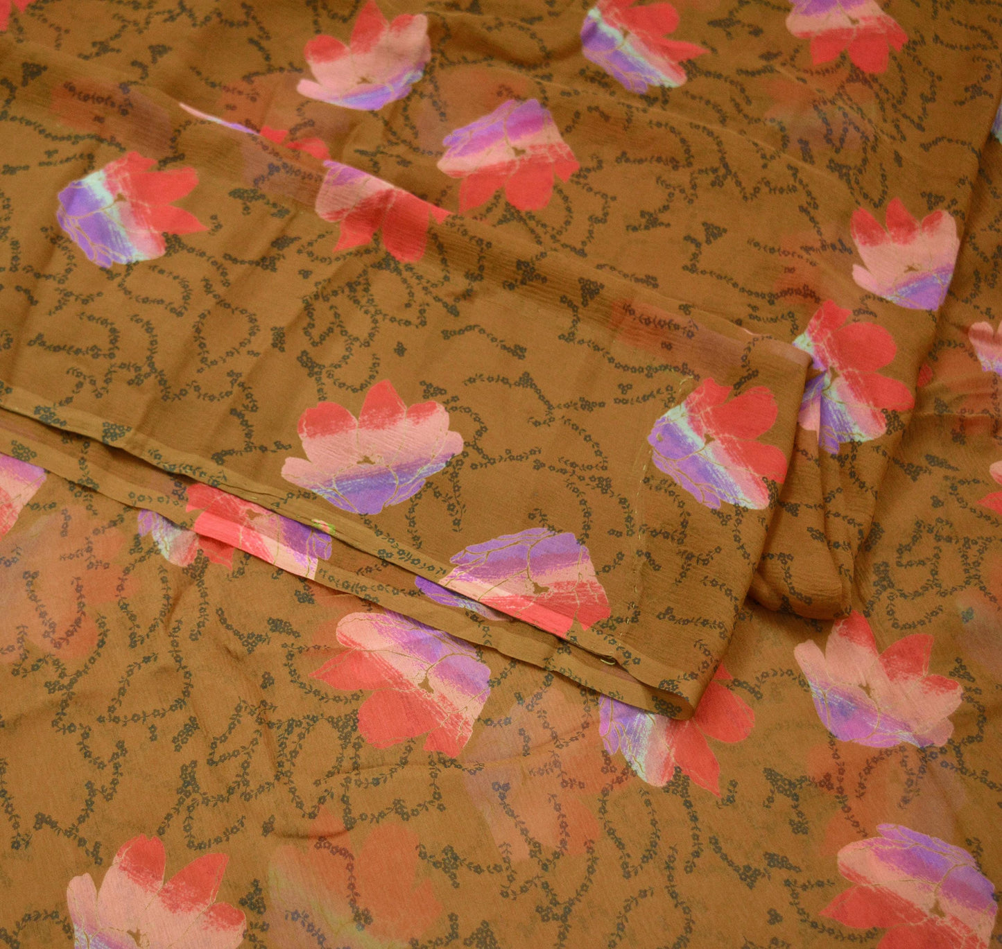 Indian Vintage Sari Brown Pure Chiffon Silk hand Printed Sarees 6Yd Craft Fabric Sewing Soft Dress Making Quilting Crafting Upcycle Used