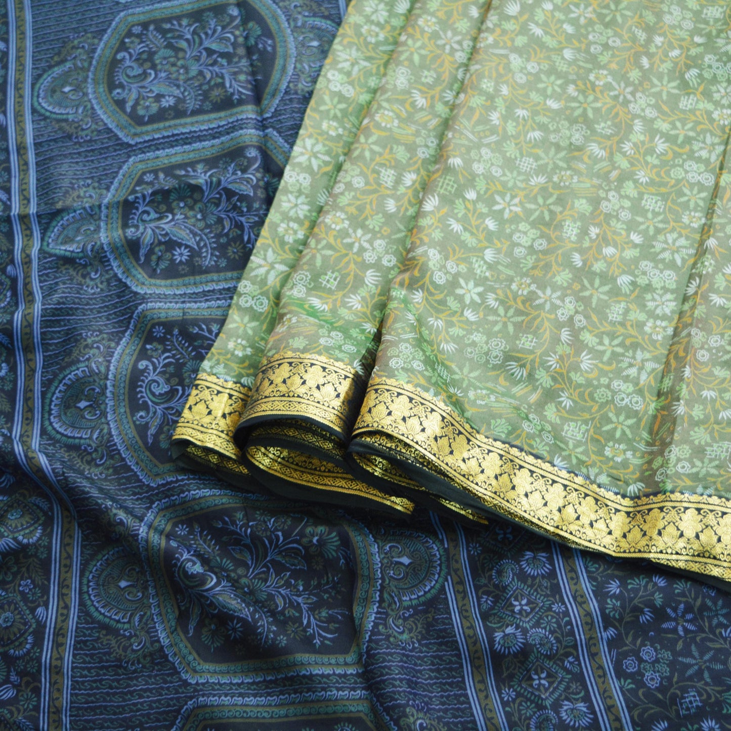 Indian Vintage Sari Green & Blue 100% Pure Silk Printed Sarees Woven Sari 5yd Sewing Craft Fabric Dress Making Soft Zari Border