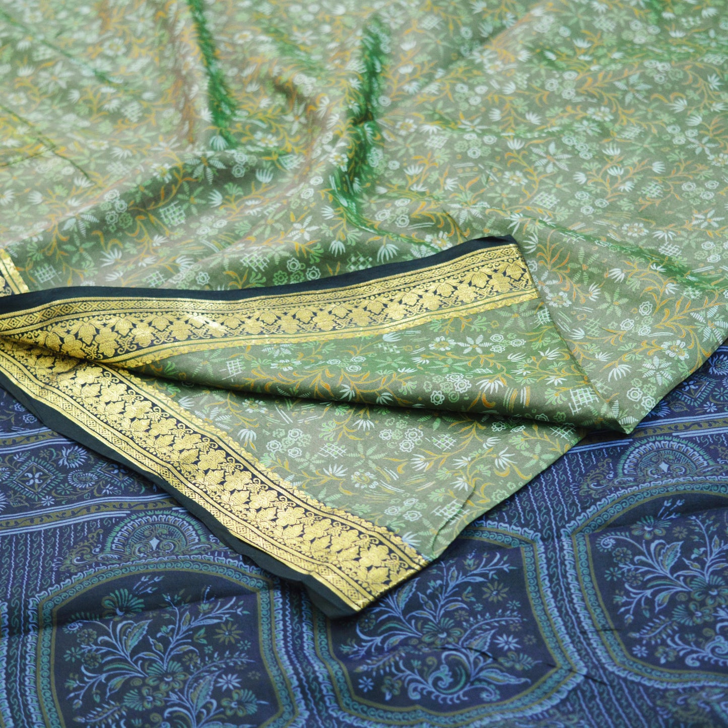 Indian Vintage Sari Green & Blue 100% Pure Silk Printed Sarees Woven Sari 5yd Sewing Craft Fabric Dress Making Soft Zari Border
