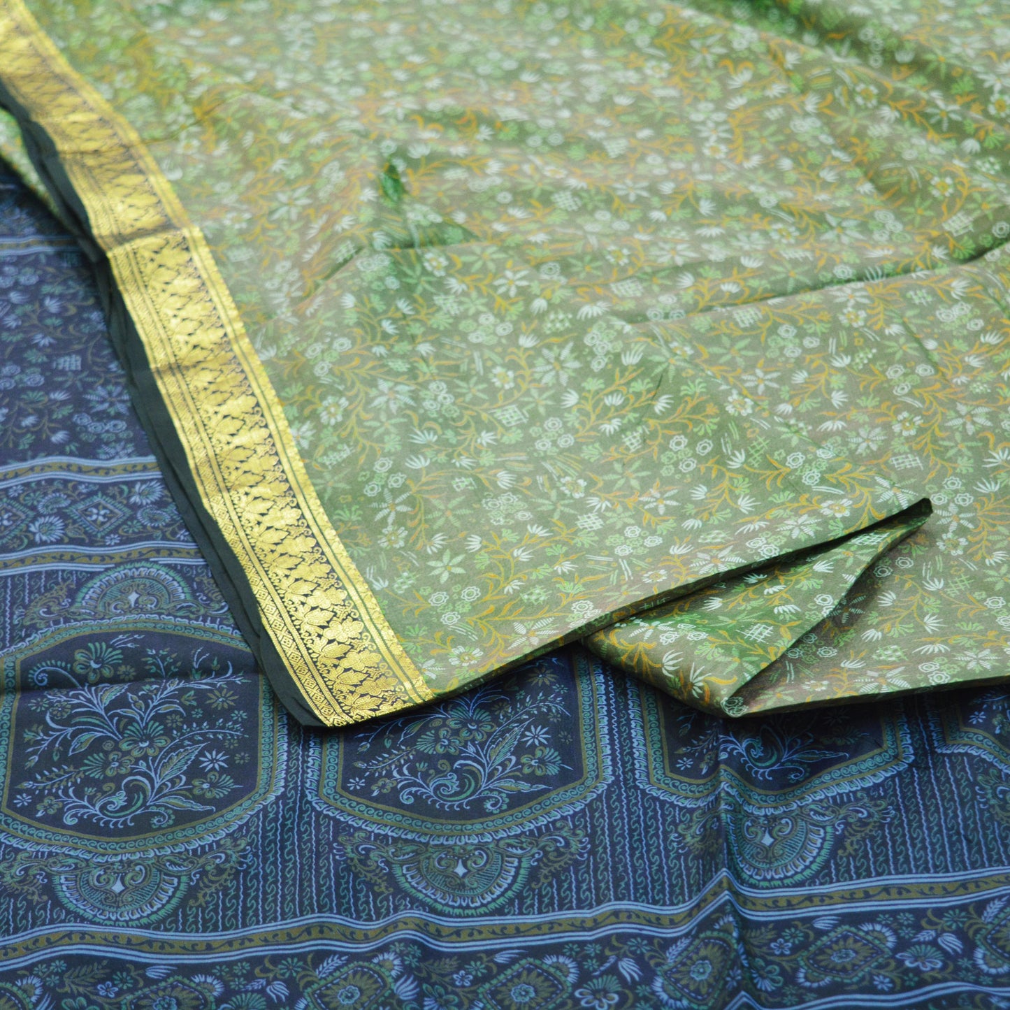 Indian Vintage Sari Green & Blue 100% Pure Silk Printed Sarees Woven Sari 5yd Sewing Craft Fabric Dress Making Soft Zari Border