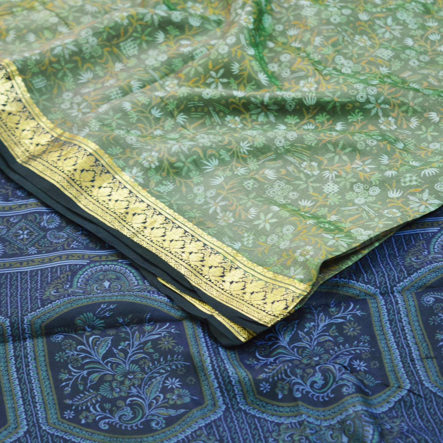 Indian Vintage Sari Green & Blue 100% Pure Silk Printed Sarees Woven Sari 5yd Sewing Craft Fabric Dress Making Soft Zari Border