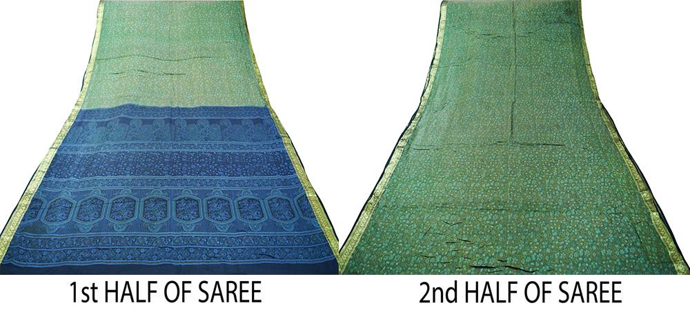 Indian Vintage Sari Green & Blue 100% Pure Silk Printed Sarees Woven Sari 5yd Sewing Craft Fabric Dress Making Soft Zari Border