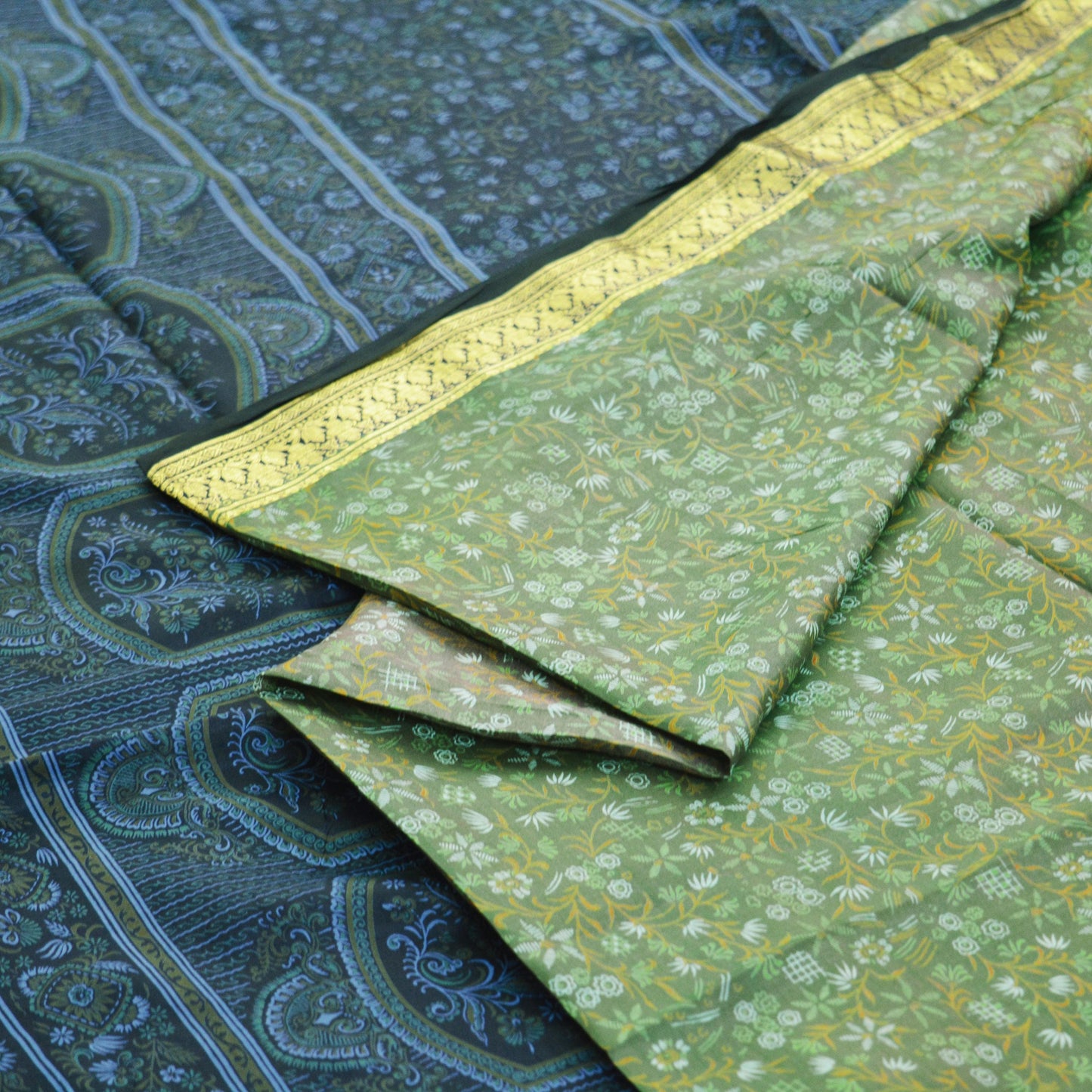 Indian Vintage Sari Green & Blue 100% Pure Silk Printed Sarees Woven Sari 5yd Sewing Craft Fabric Dress Making Soft Zari Border
