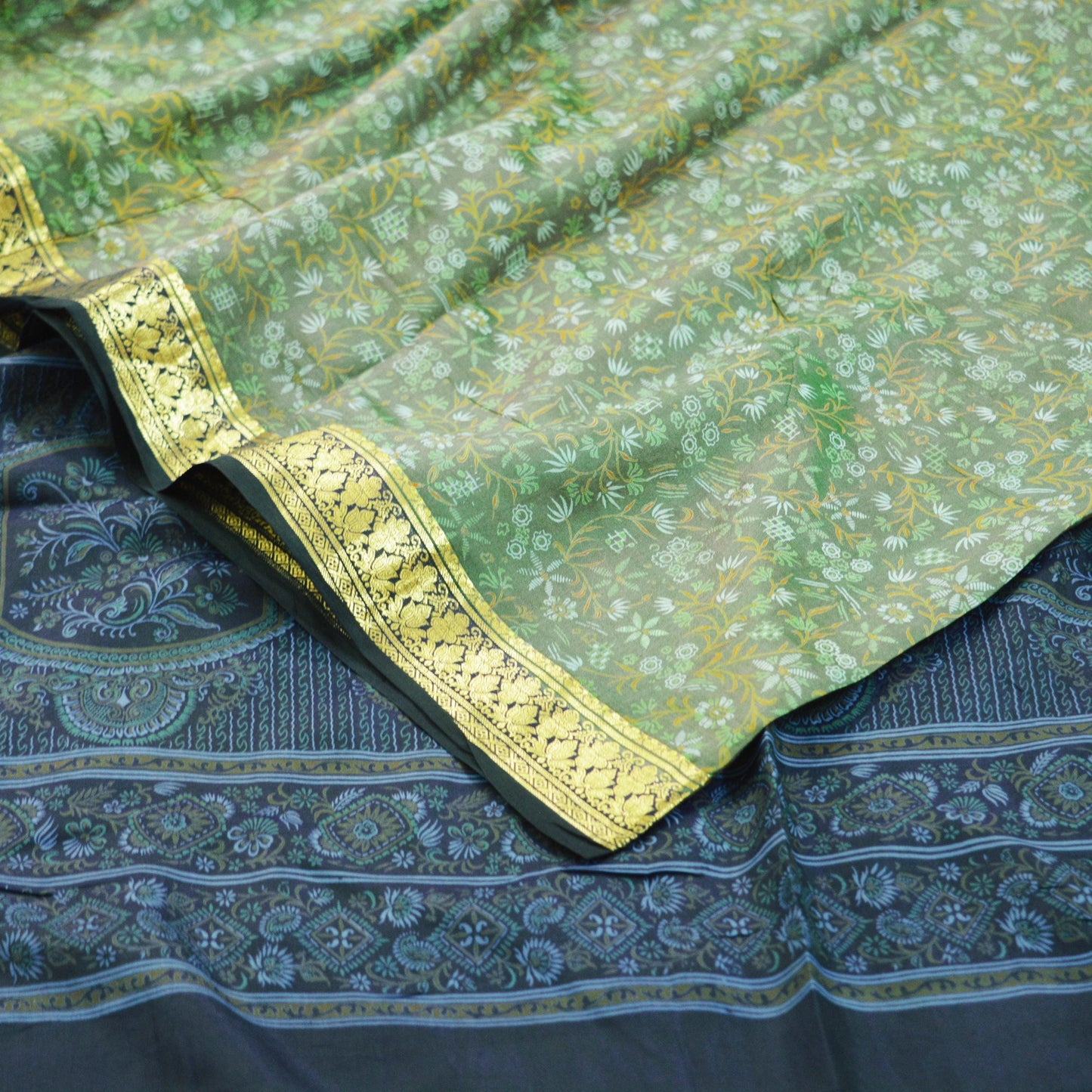 Indian Vintage Sari Green & Blue 100% Pure Silk Printed Sarees Woven Sari 5yd Sewing Craft Fabric Dress Making Soft Zari Border