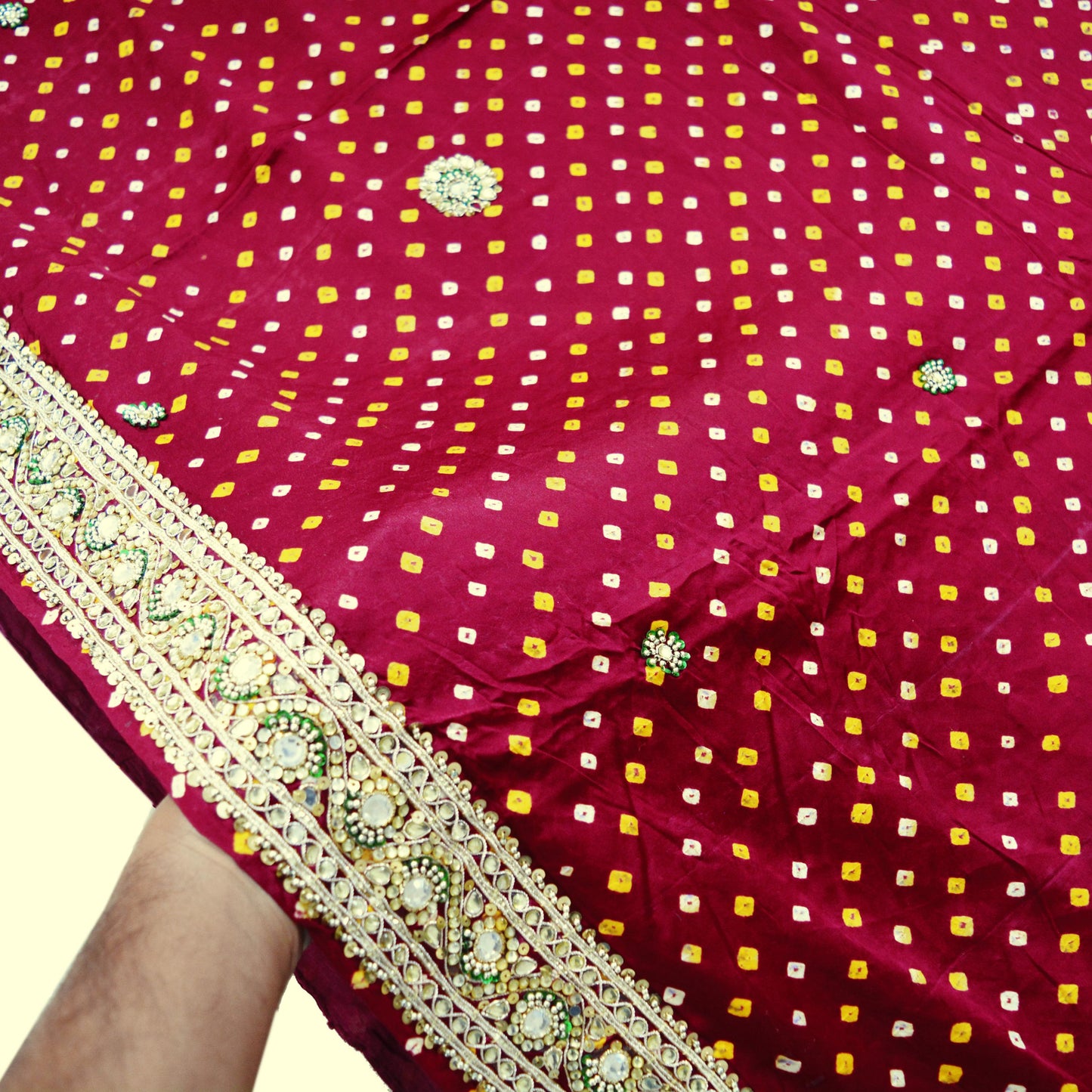 Indian Vintage Maroon Saree Hand Embroidered Bandhani Printed Sari 100% Pure Satin Silk Indian Sari Fabric 5yard Soft Craft Fabric Beaded