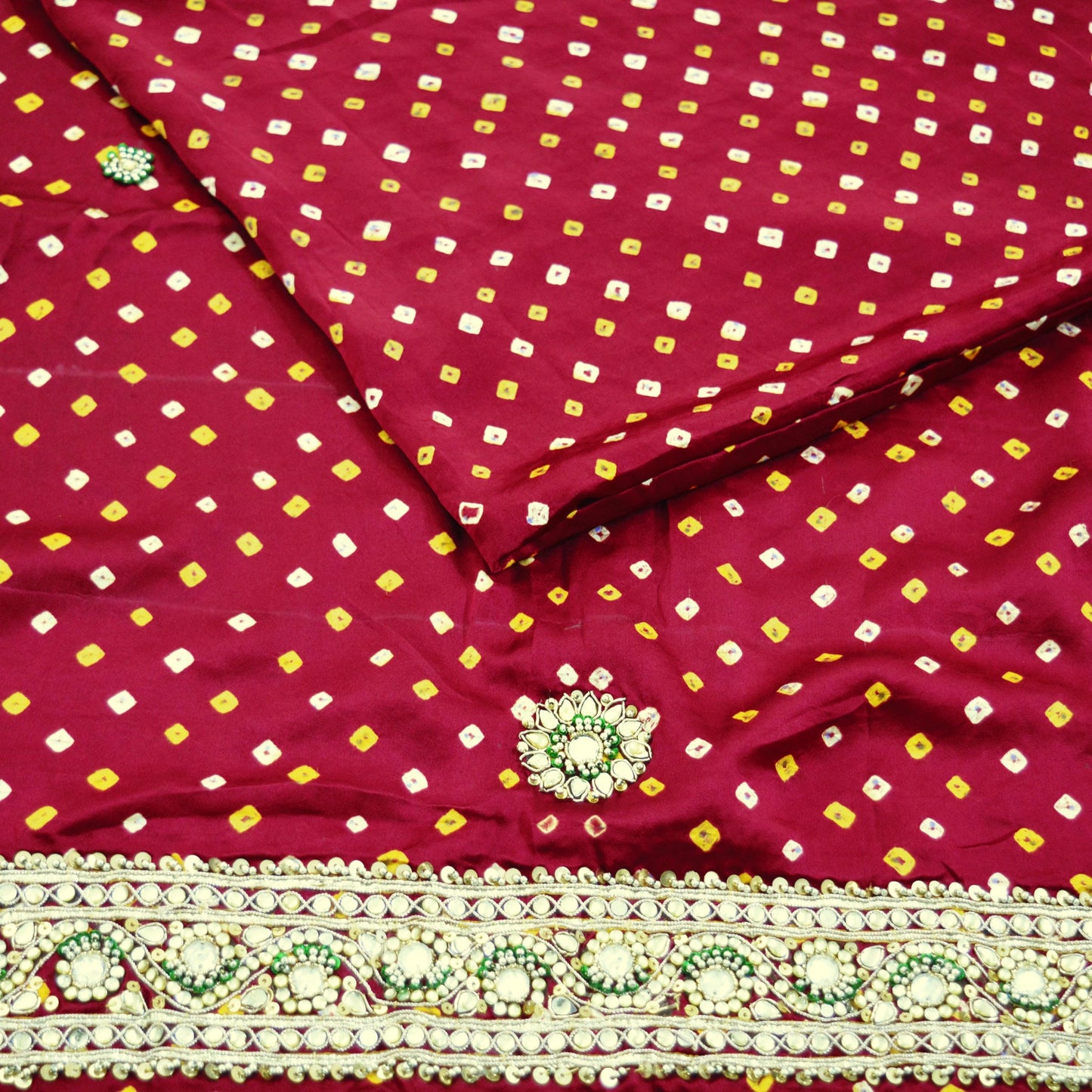Indian Vintage Maroon Saree Hand Embroidered Bandhani Printed Sari 100% Pure Satin Silk Indian Sari Fabric 5yard Soft Craft Fabric Beaded