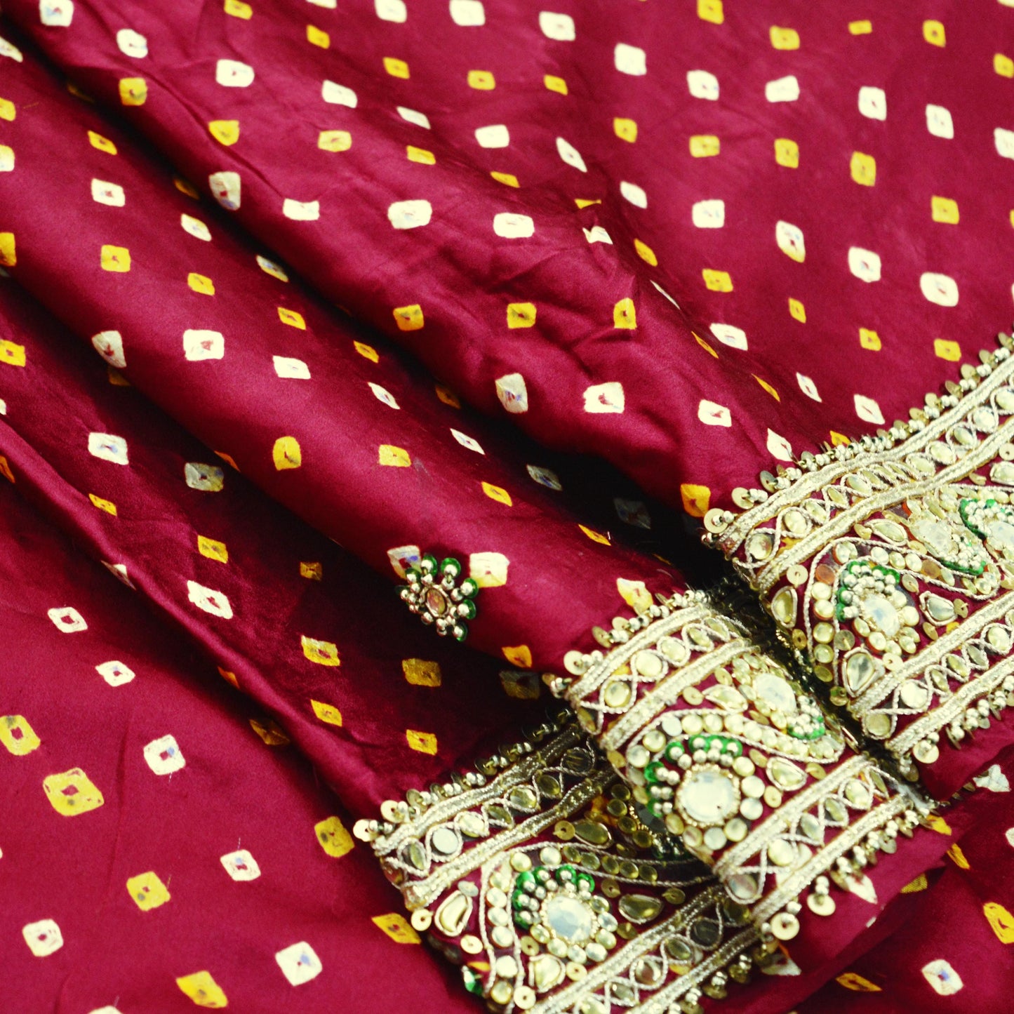 Indian Vintage Maroon Saree Hand Embroidered Bandhani Printed Sari 100% Pure Satin Silk Indian Sari Fabric 5yard Soft Craft Fabric Beaded