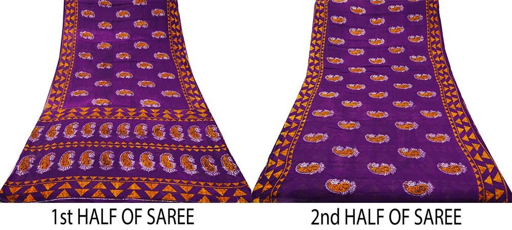 Indian Vintage Sari Purple Batik Printed 100% Pure Cotton Saree Craft Soft Fabric 5Yard Sewing Sarong Wrap Boho