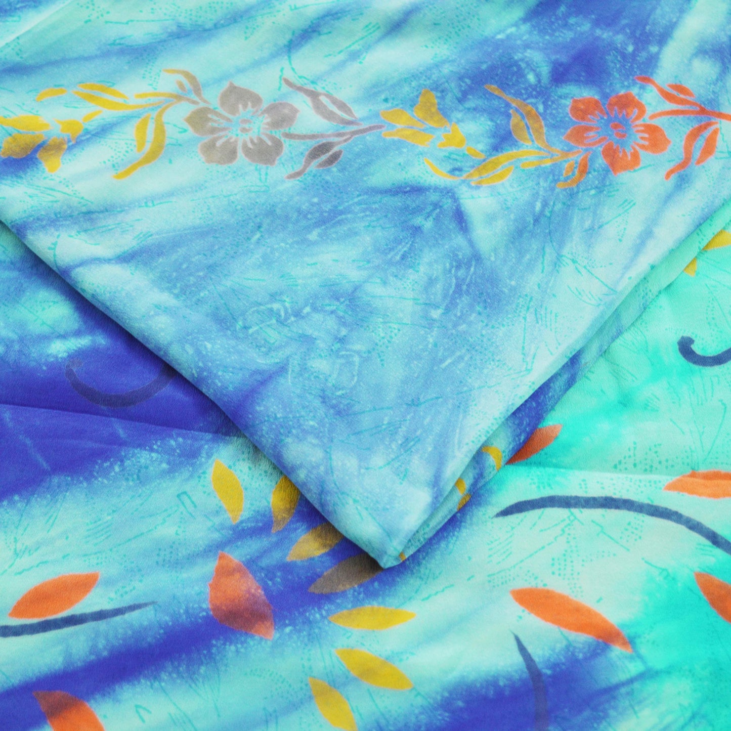 Indian Vintage Sari Blue & Green Pure Crepe Silk Printed Saree 5yard Sewing Floral Soft Craft Fabric Wrap