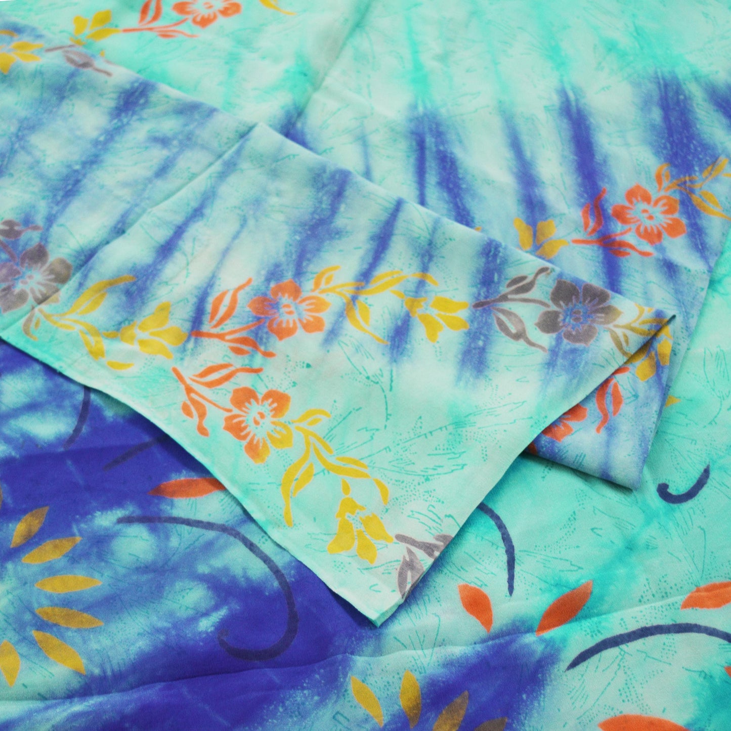 Indian Vintage Sari Blue & Green Pure Crepe Silk Printed Saree 5yard Sewing Floral Soft Craft Fabric Wrap