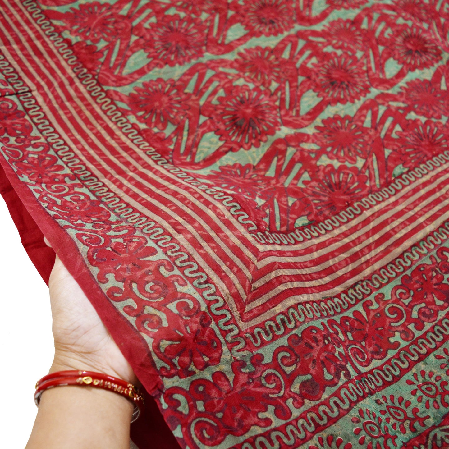 Women Vintage Sari Red 100% Pure Georgette Silk Block Printed Saree Craft Fabric Sewing 5Yard Soft Sari Dress Making