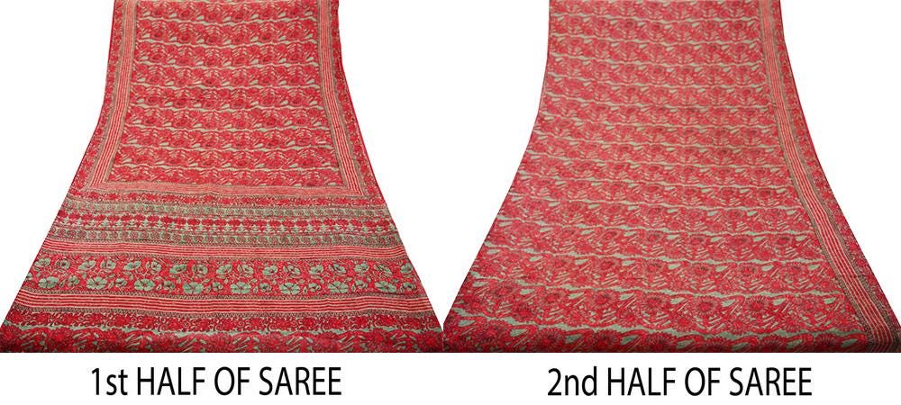 Women Vintage Sari Red 100% Pure Georgette Silk Block Printed Saree Craft Fabric Sewing 5Yard Soft Sari Dress Making