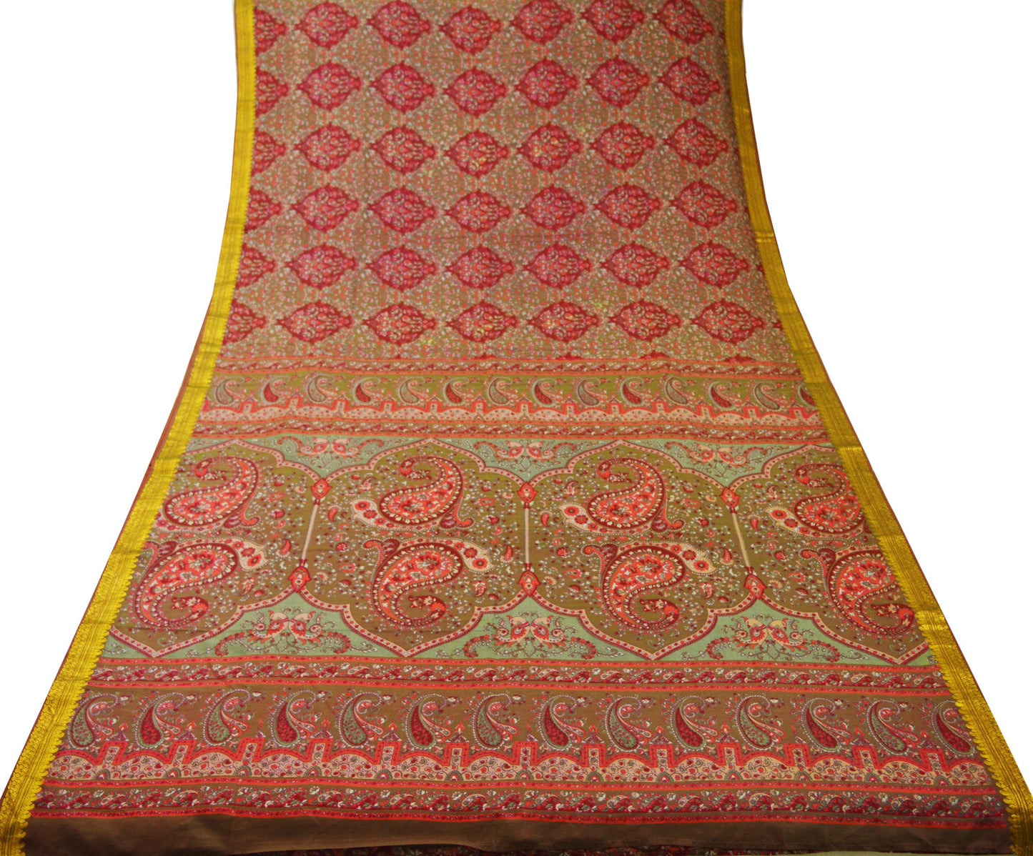 Indian Vintage Sari Maroon & Green Pure Silk Printed Saree 6yd Sewing Craft Fabric DressMaking Soft Floral Zari Quilting Used Upcycle