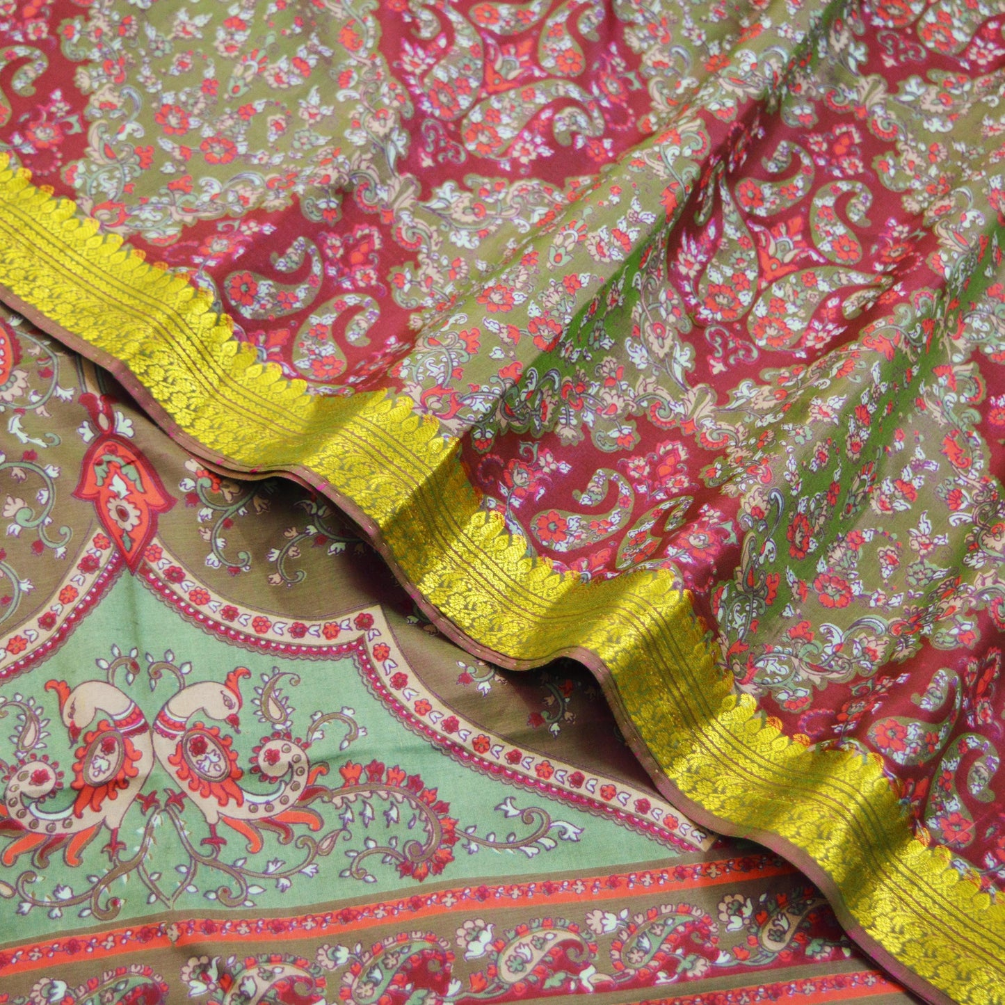 Indian Vintage Sari Maroon & Green Pure Silk Printed Saree 6yd Sewing Craft Fabric DressMaking Soft Floral Zari Quilting Used Upcycle