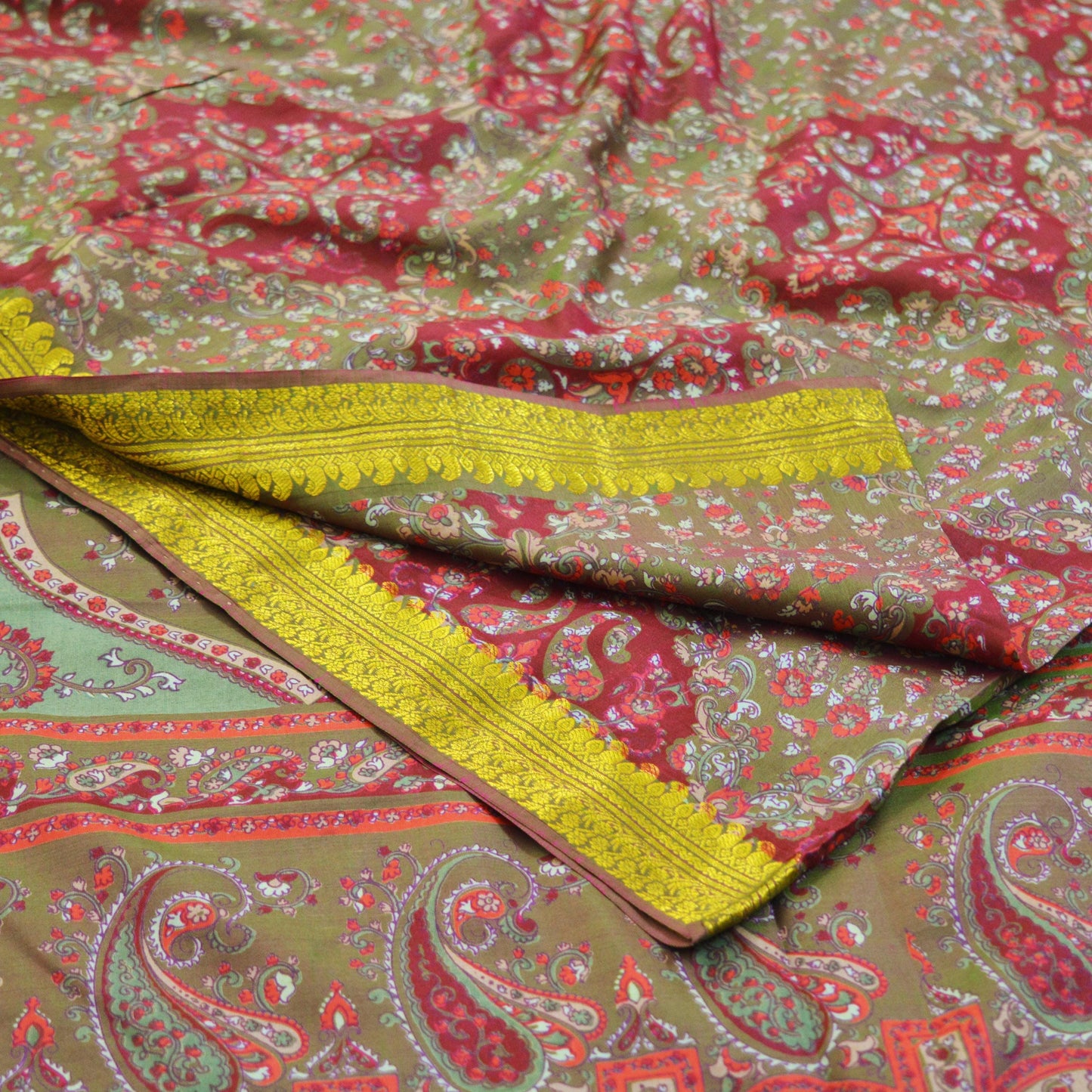Indian Vintage Sari Maroon & Green Pure Silk Printed Saree 6yd Sewing Craft Fabric DressMaking Soft Floral Zari Quilting Used Upcycle