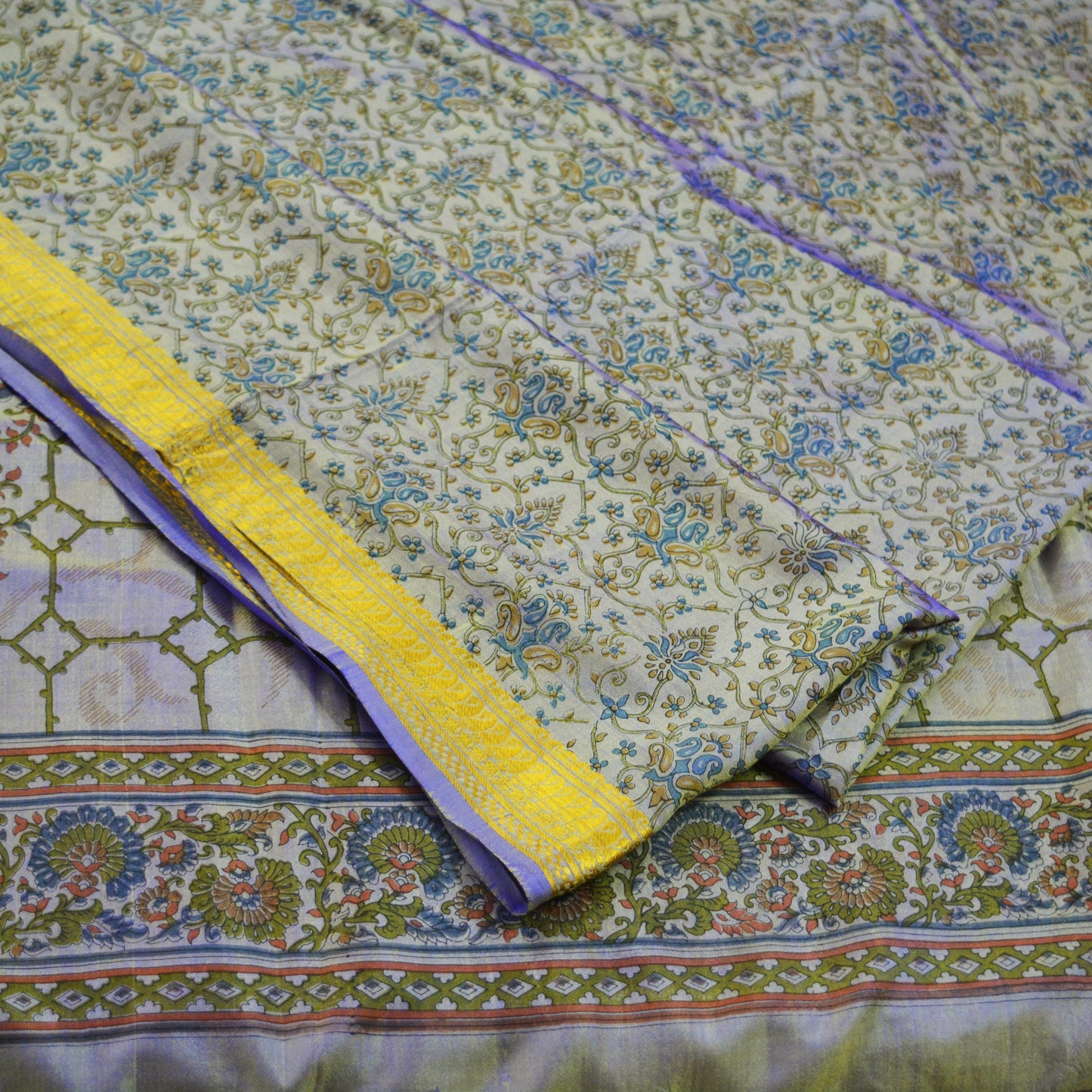 Indian Vintage Sari Purple Pure Silk Printed Saree 5yd Sewing Quilting Craft Fabric DressMaking Soft Zari Used Upcycle