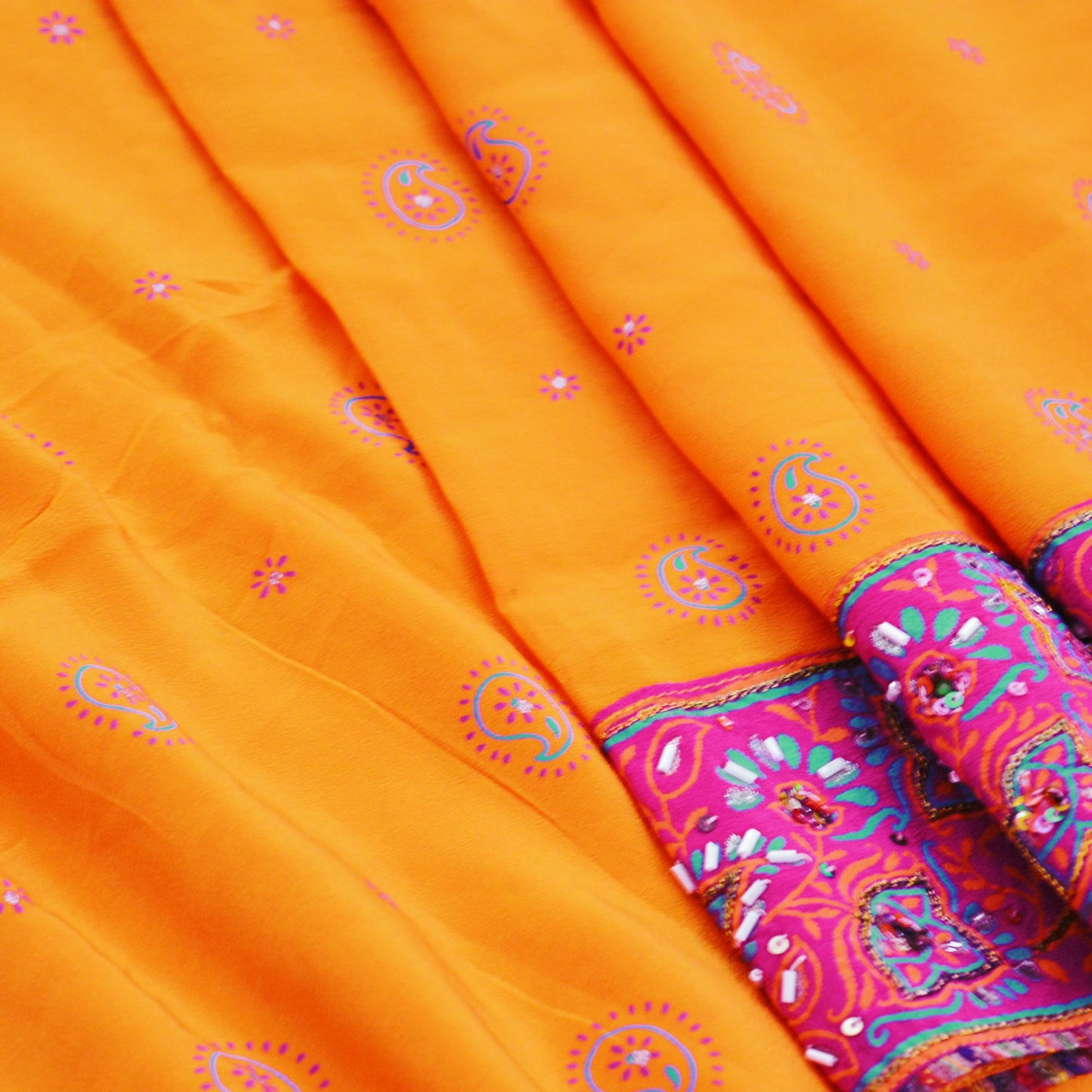 Indian Vintage Sari Orange Pure Crepe Silk Hand Embroidered Saree 5yard Sewing Floral Craft Sequins