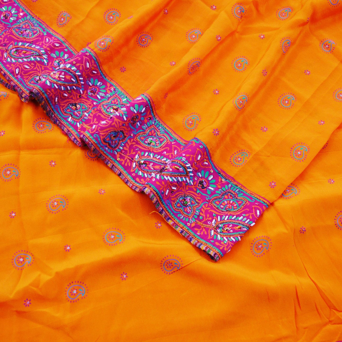 Indian Vintage Sari Orange Pure Crepe Silk Hand Embroidered Saree 5yard Sewing Floral Craft Sequins