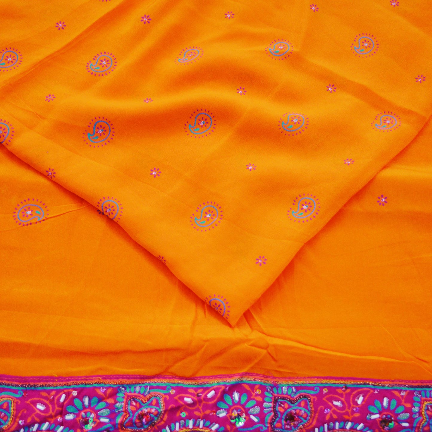Indian Vintage Sari Orange Pure Crepe Silk Hand Embroidered Saree 5yard Sewing Floral Craft Sequins
