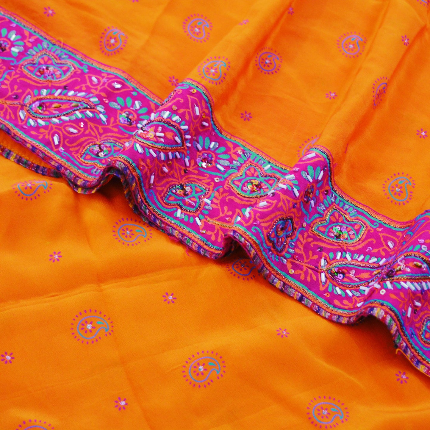 Indian Vintage Sari Orange Pure Crepe Silk Hand Embroidered Saree 5yard Sewing Floral Craft Sequins