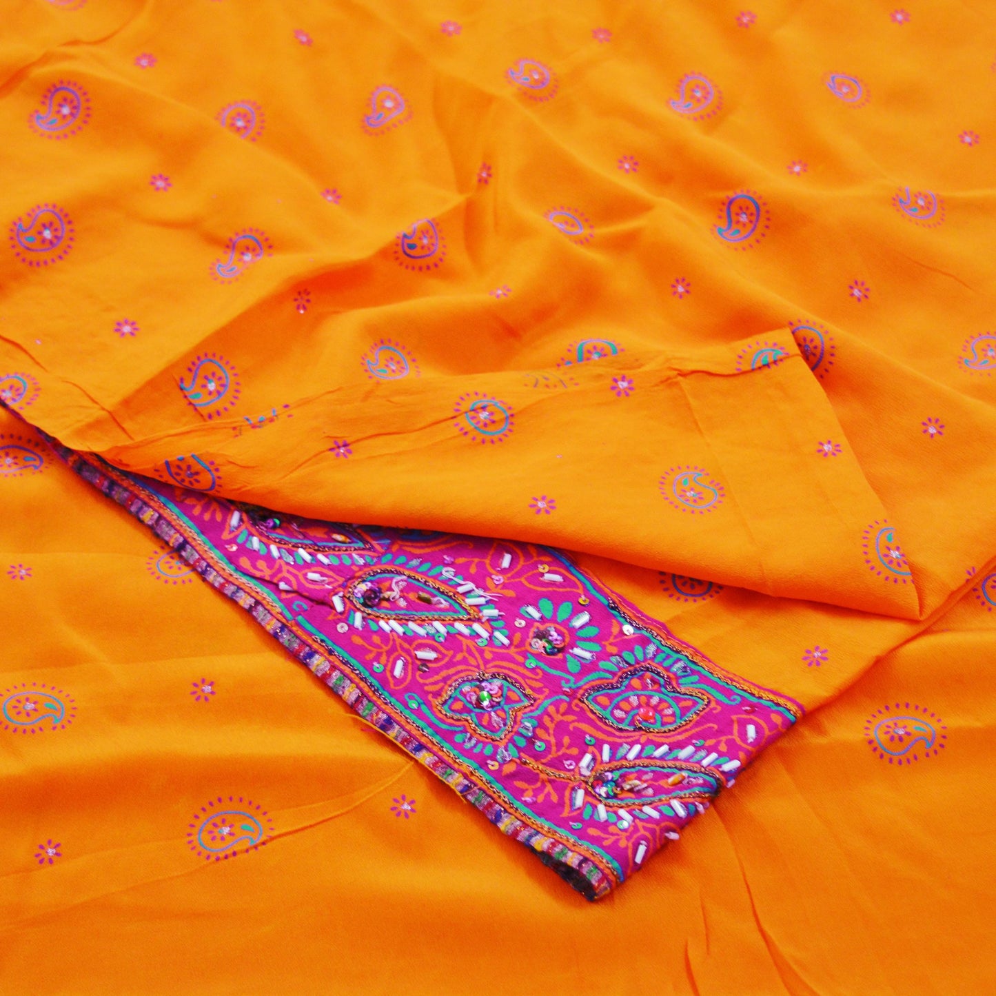 Indian Vintage Sari Orange Pure Crepe Silk Hand Embroidered Saree 5yard Sewing Floral Craft Sequins