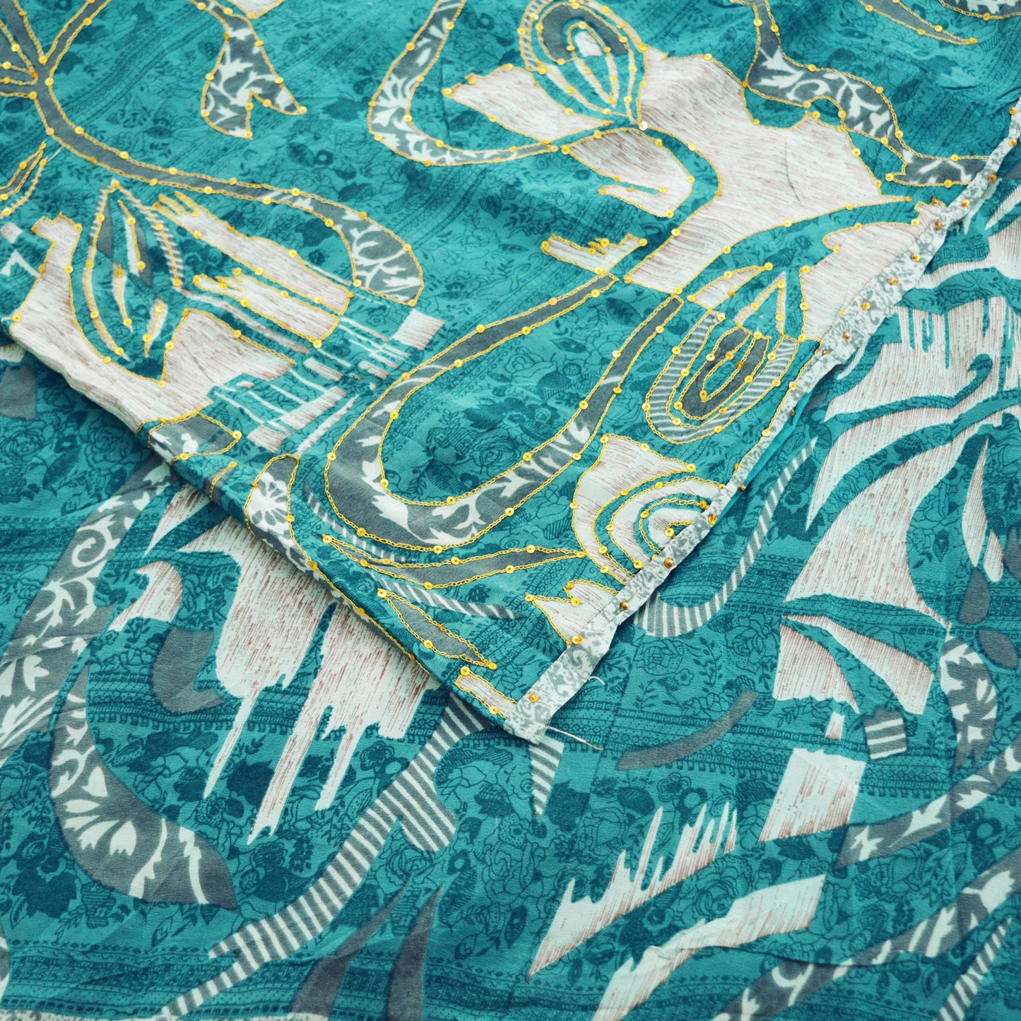Indian Vintage Sari Blue Pure Crepe Silk Hand Embroidered Saree 5yard Sewing Floral Craft Sequins
