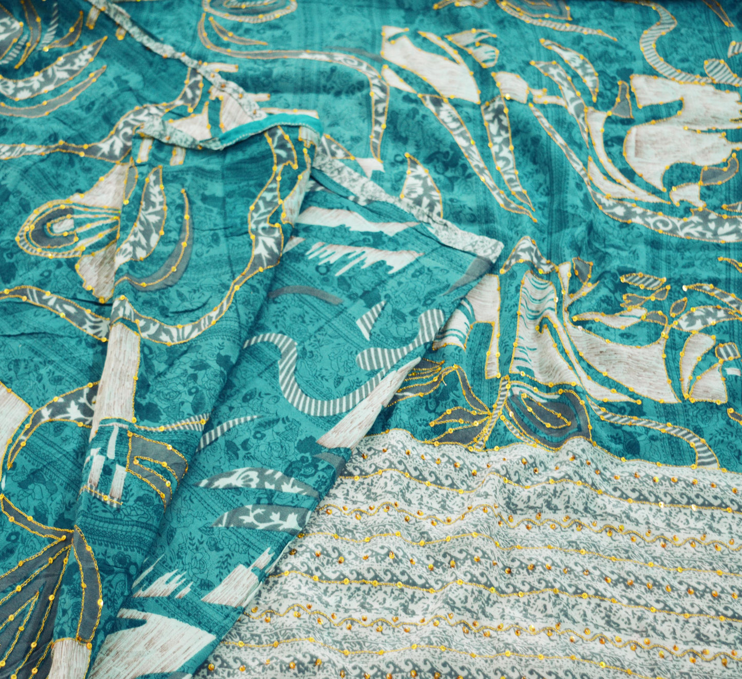 Indian Vintage Sari Blue Pure Crepe Silk Hand Embroidered Saree 5yard Sewing Floral Craft Sequins