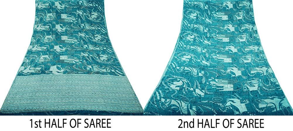 Indian Vintage Sari Blue Pure Crepe Silk Hand Embroidered Saree 5yard Sewing Floral Craft Sequins
