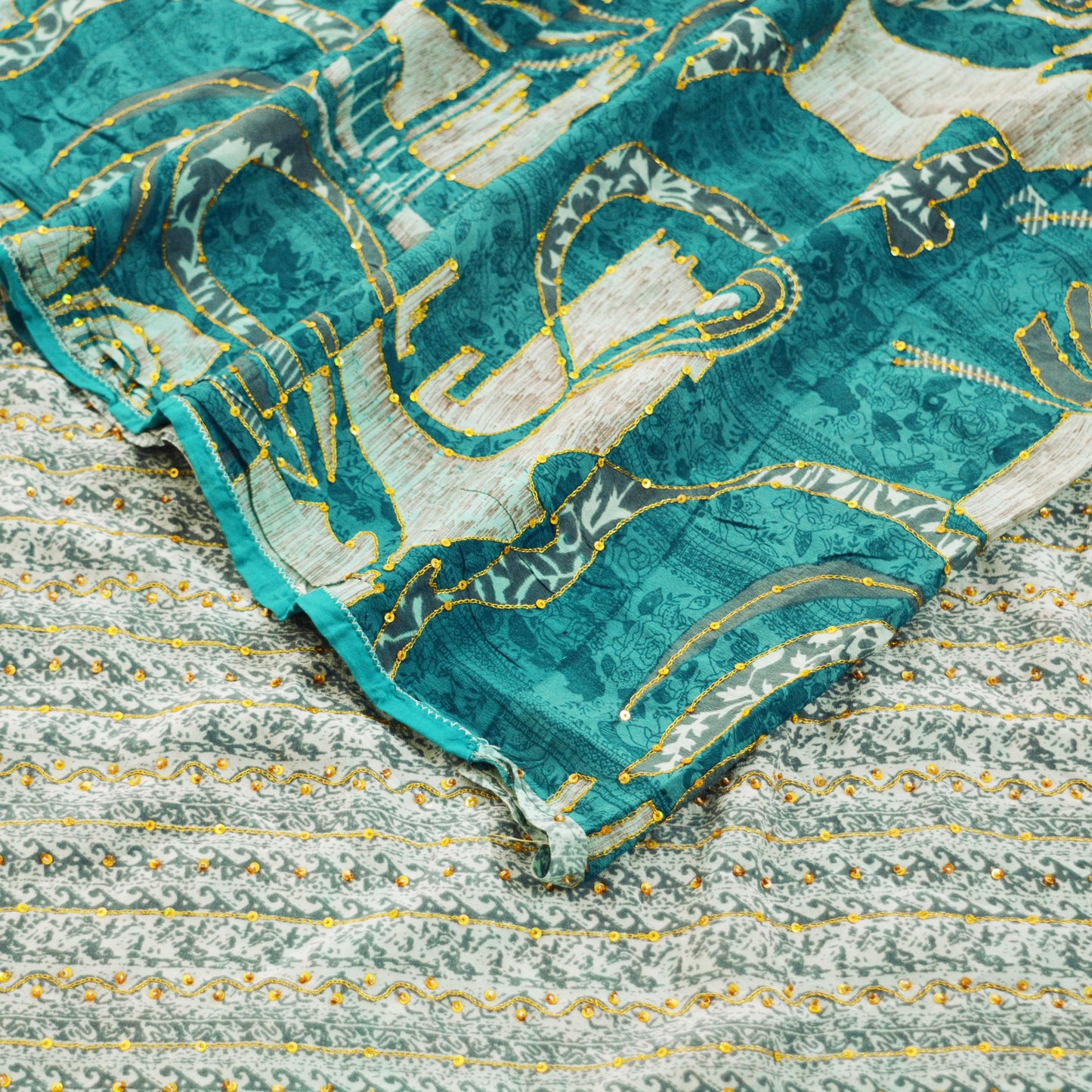 Indian Vintage Sari Blue Pure Crepe Silk Hand Embroidered Saree 5yard Sewing Floral Craft Sequins