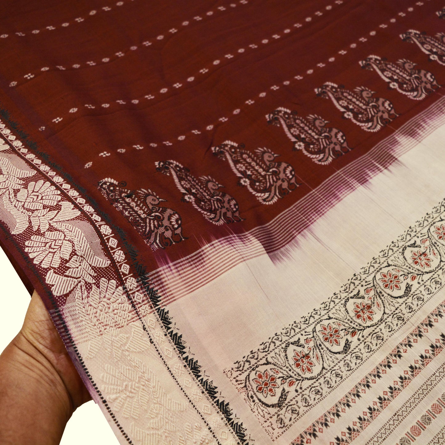 Indian Vintage Sari Maroon & Cream Pure Cotton Hand Woven Baluchari Saree 5yard Ethnic Fringes Peacock