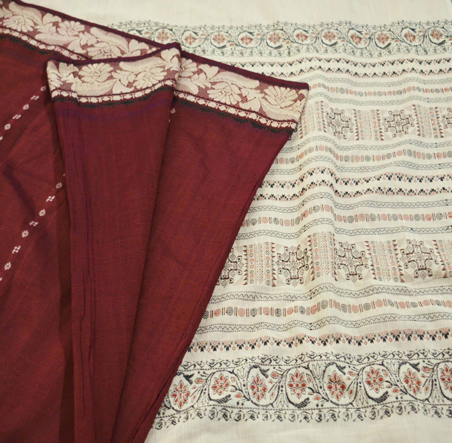 Indian Vintage Sari Maroon & Cream Pure Cotton Hand Woven Baluchari Saree 5yard Ethnic Fringes Peacock