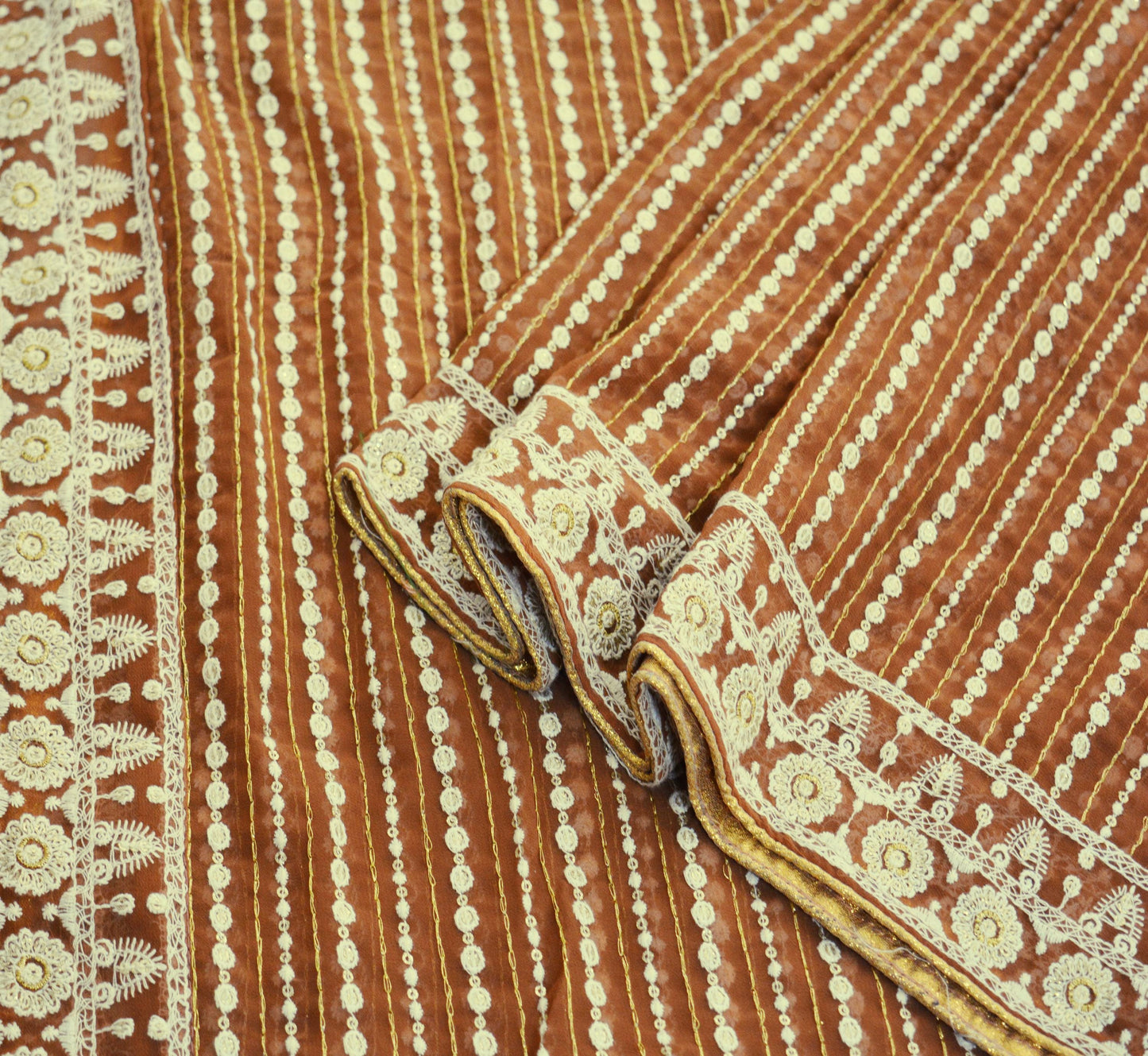 Vintage Brown Dupatta Long Stole Pure Georgette Silk Hand Embroidered Indian Scarves Veil Hijab Floral