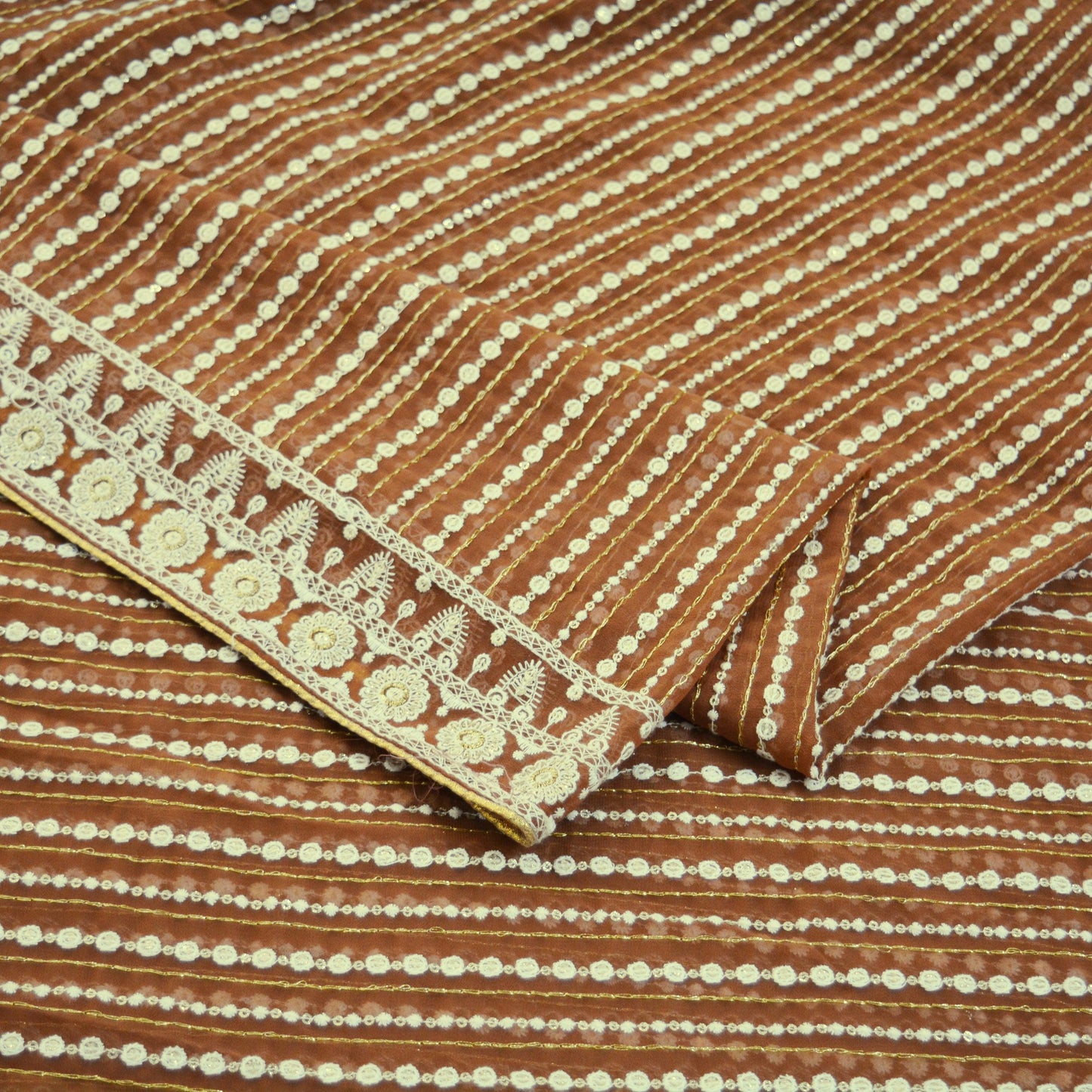Vintage Brown Dupatta Long Stole Pure Georgette Silk Hand Embroidered Indian Scarves Veil Hijab Floral
