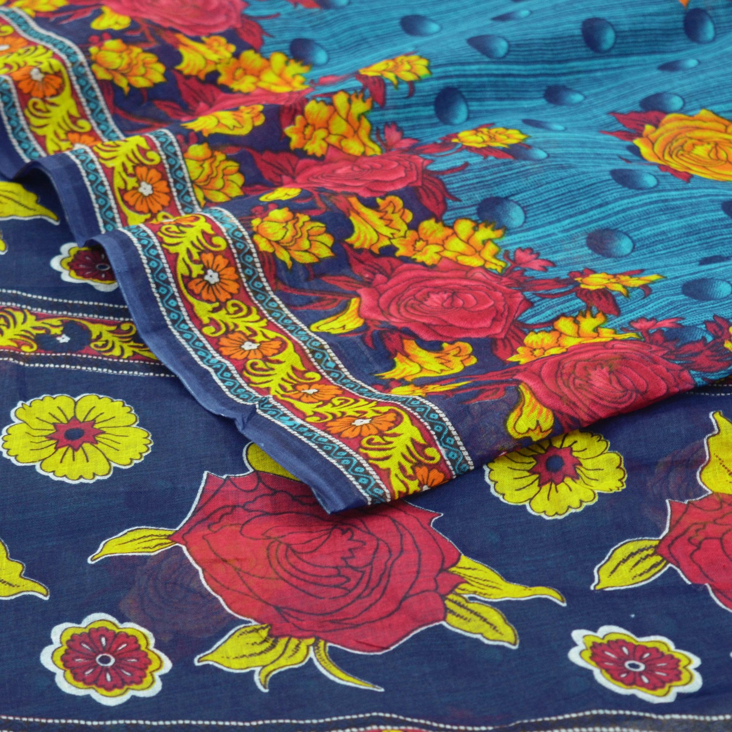 Indian Vintage Sari Blue Printed 100% Pure Cotton Saree Craft Fabric 5Yard Sewing Sarong Wrap Boho Floral