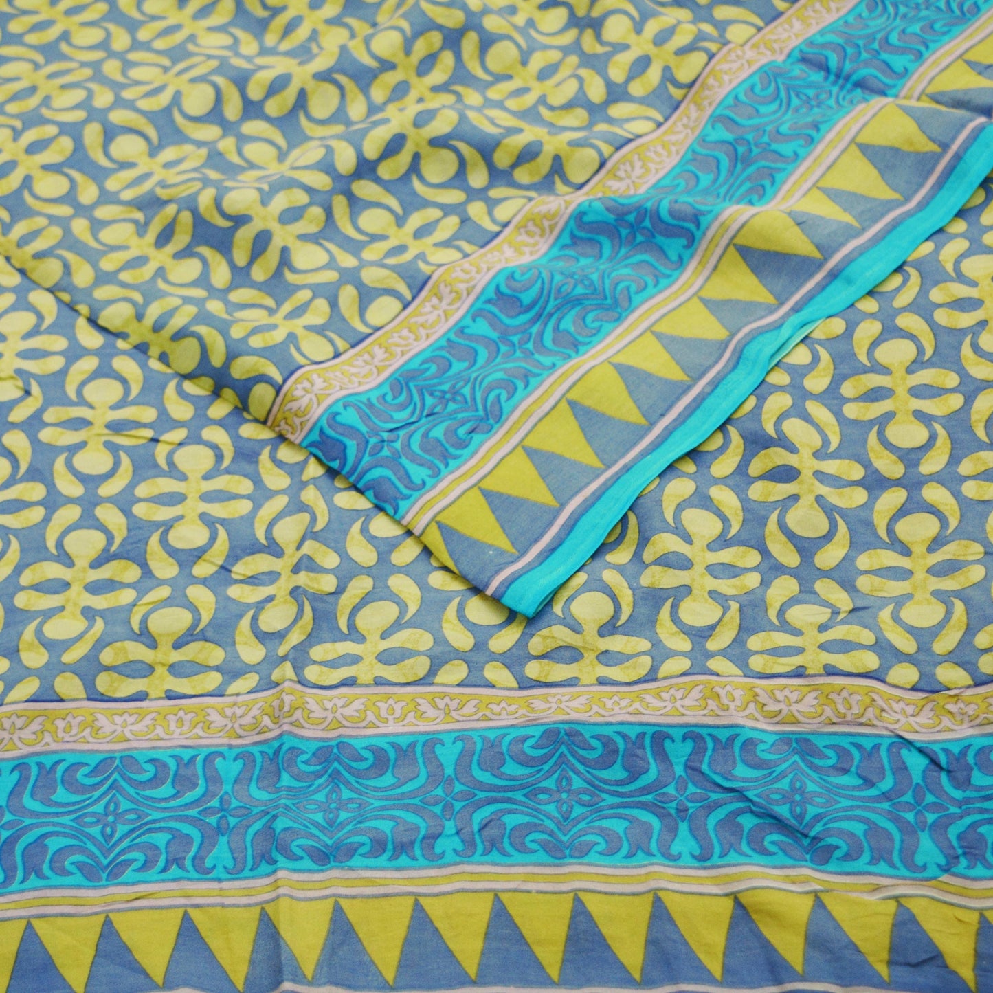 Indian Vintage Sari Turquoise & Gray 100% Pure Silk Saree Printed 5yd Sewing Craft Fabric DressMaking Soft Wrap Upcycle Used Quilting