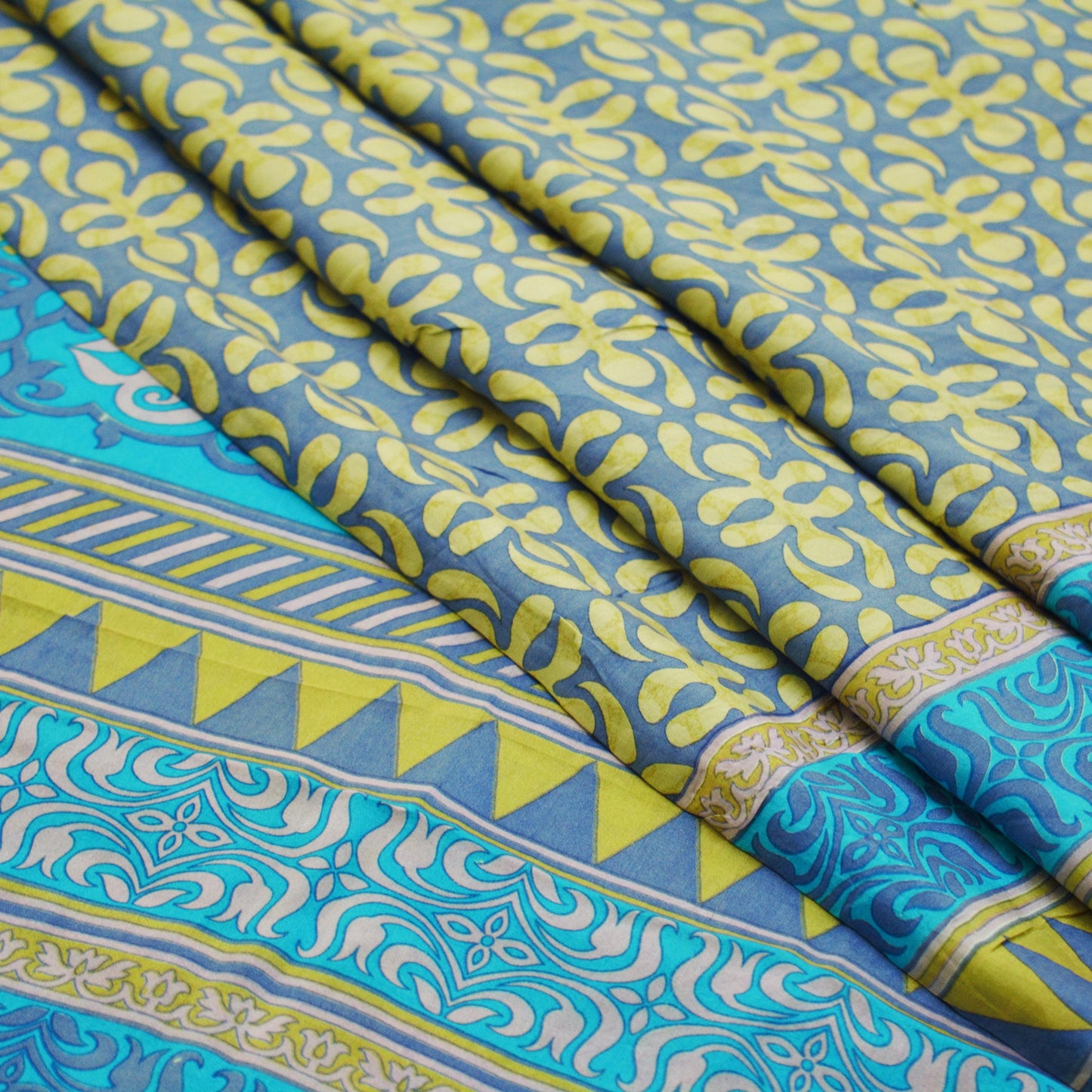 Indian Vintage Sari Turquoise & Gray 100% Pure Silk Saree Printed 5yd Sewing Craft Fabric DressMaking Soft Wrap Upcycle Used Quilting