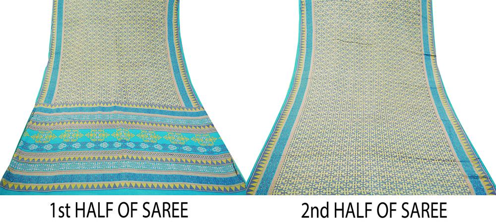 Indian Vintage Sari Turquoise & Gray 100% Pure Silk Saree Printed 5yd Sewing Craft Fabric DressMaking Soft Wrap Upcycle Used Quilting