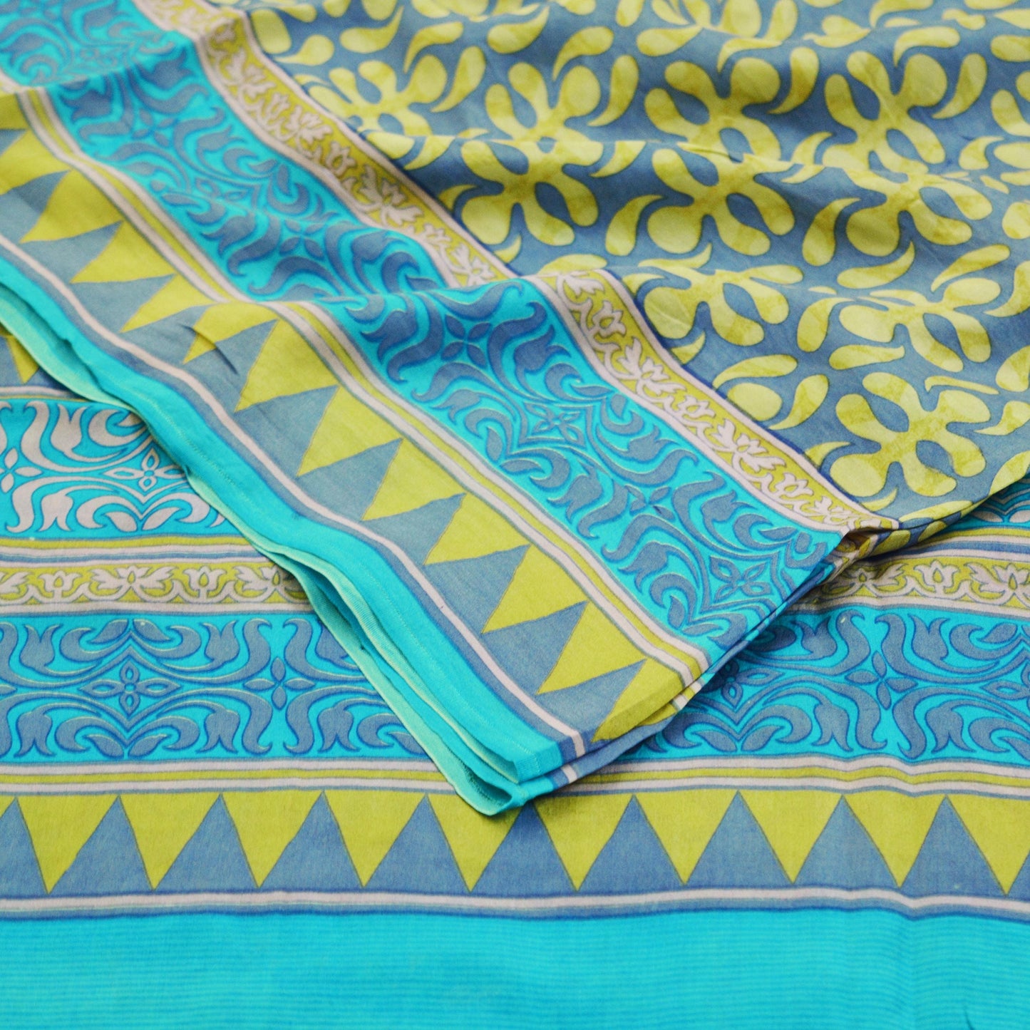 Indian Vintage Sari Turquoise & Gray 100% Pure Silk Saree Printed 5yd Sewing Craft Fabric DressMaking Soft Wrap Upcycle Used Quilting