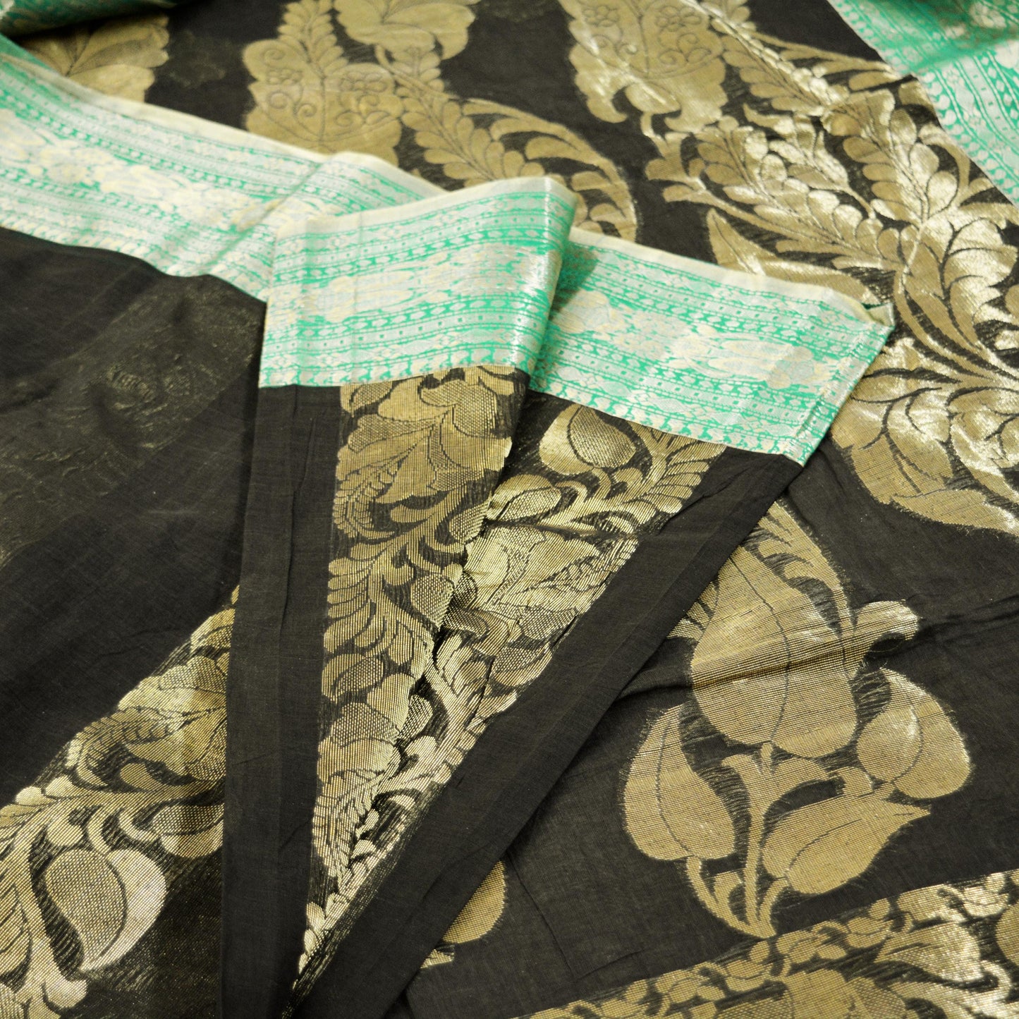Vintage Sari Black Pure Cotton Hand Woven Saree Golden Zari 5Yard Floral Golden Zari