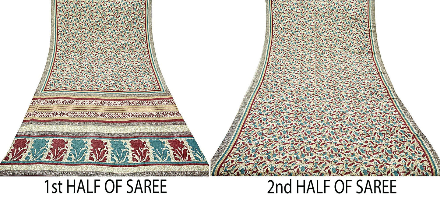 Indian Vintage Sari Ivory Moss Crepe Printed Sarees 6yd Craft Fabric Sewing Floral Soft Dress making Quilting Crafting Upcycle Used