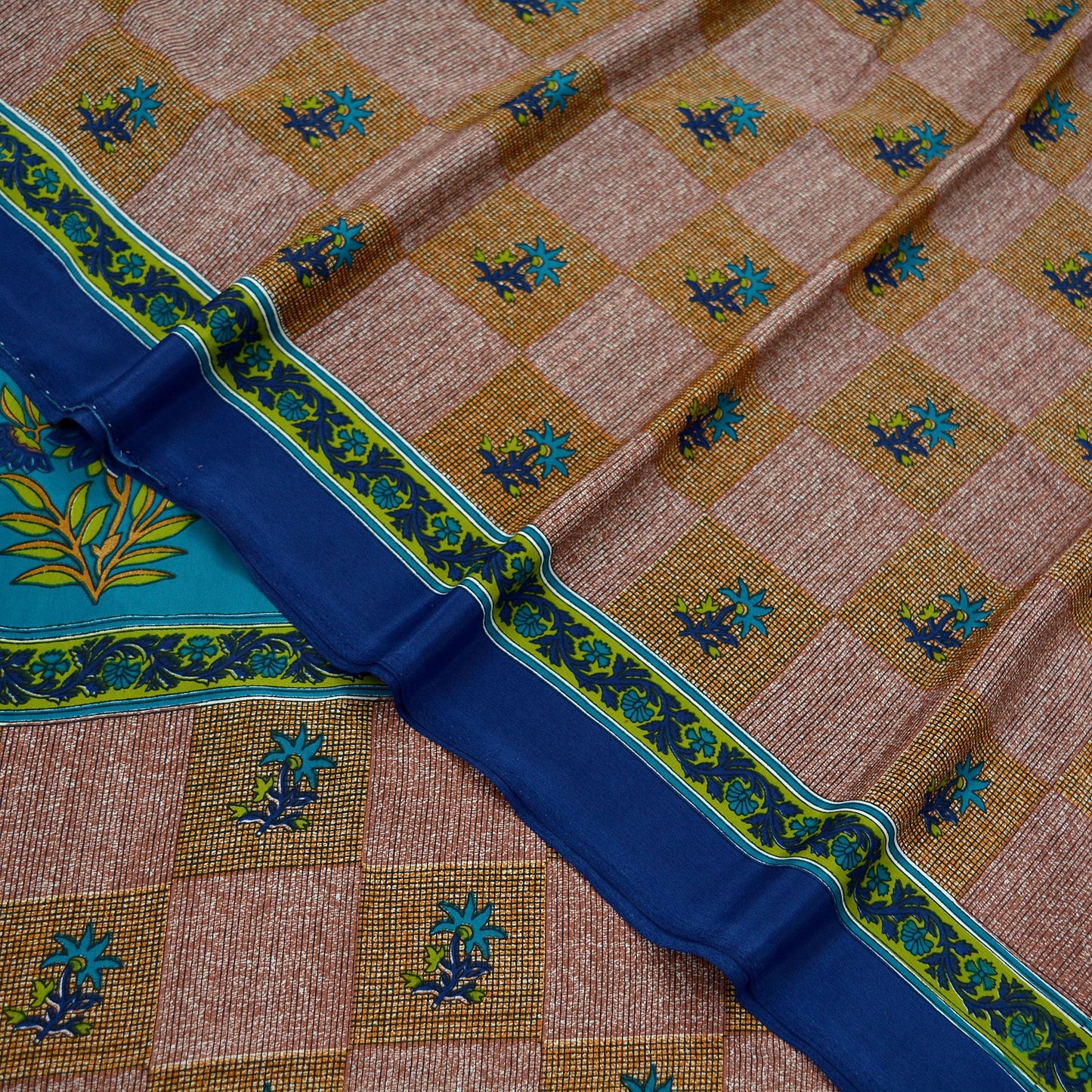 Indian Vintage Sari Brown & Blue Moss Crepe Printed Sarees Craft Fabric 5yd Sewing Floral Soft Dress making Quilting Crafting Upcycle Used