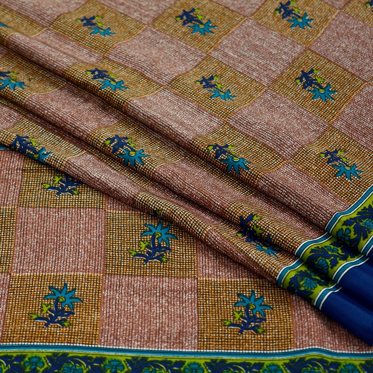 Indian Vintage Sari Brown & Blue Moss Crepe Printed Sarees Craft Fabric 5yd Sewing Floral Soft Dress making Quilting Crafting Upcycle Used