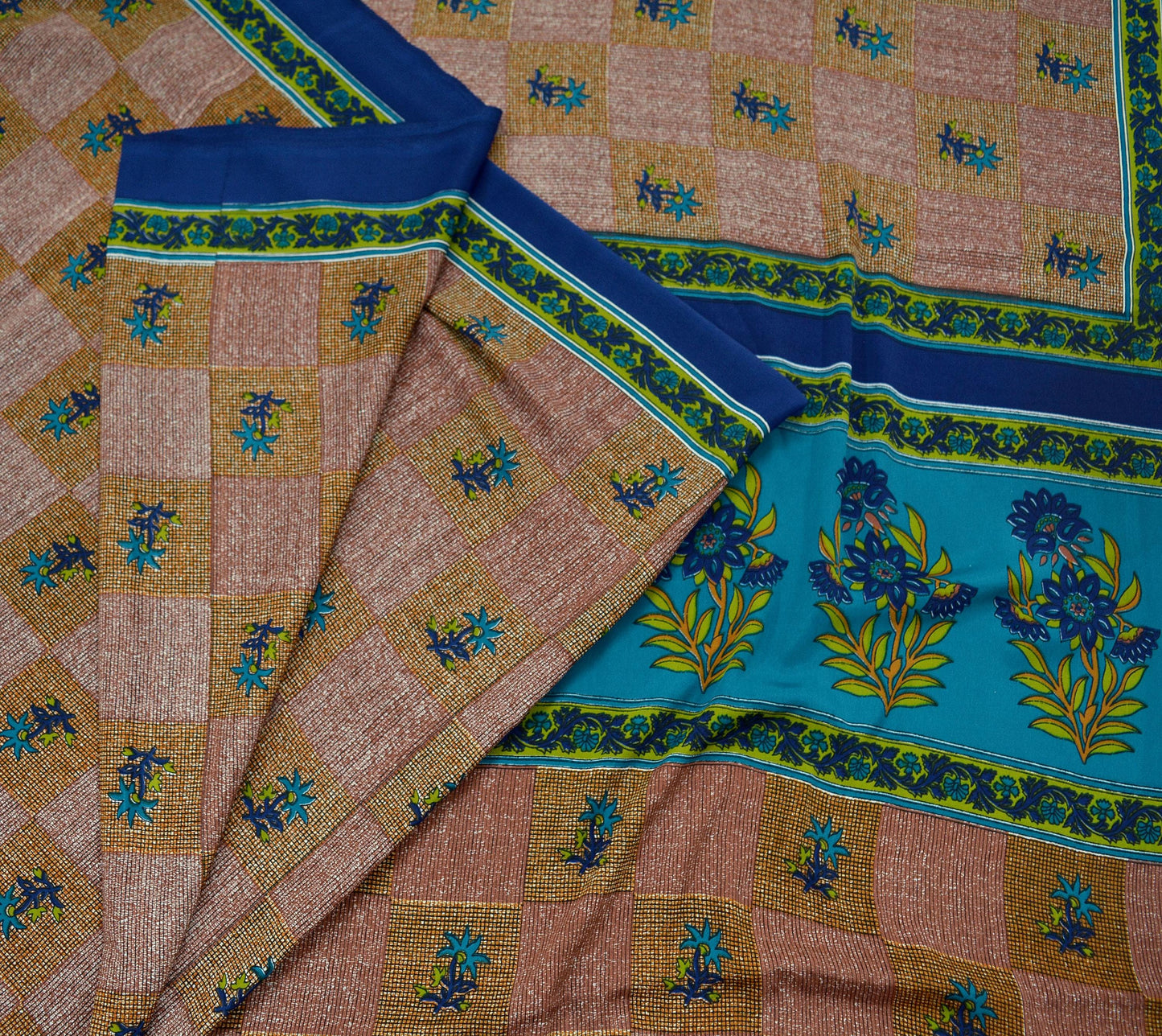 Indian Vintage Sari Brown & Blue Moss Crepe Printed Sarees Craft Fabric 5yd Sewing Floral Soft Dress making Quilting Crafting Upcycle Used