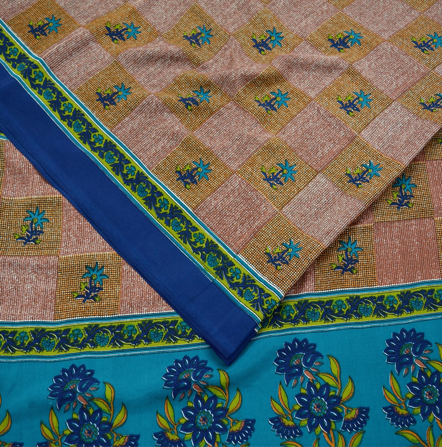Indian Vintage Sari Brown & Blue Moss Crepe Printed Sarees Craft Fabric 5yd Sewing Floral Soft Dress making Quilting Crafting Upcycle Used